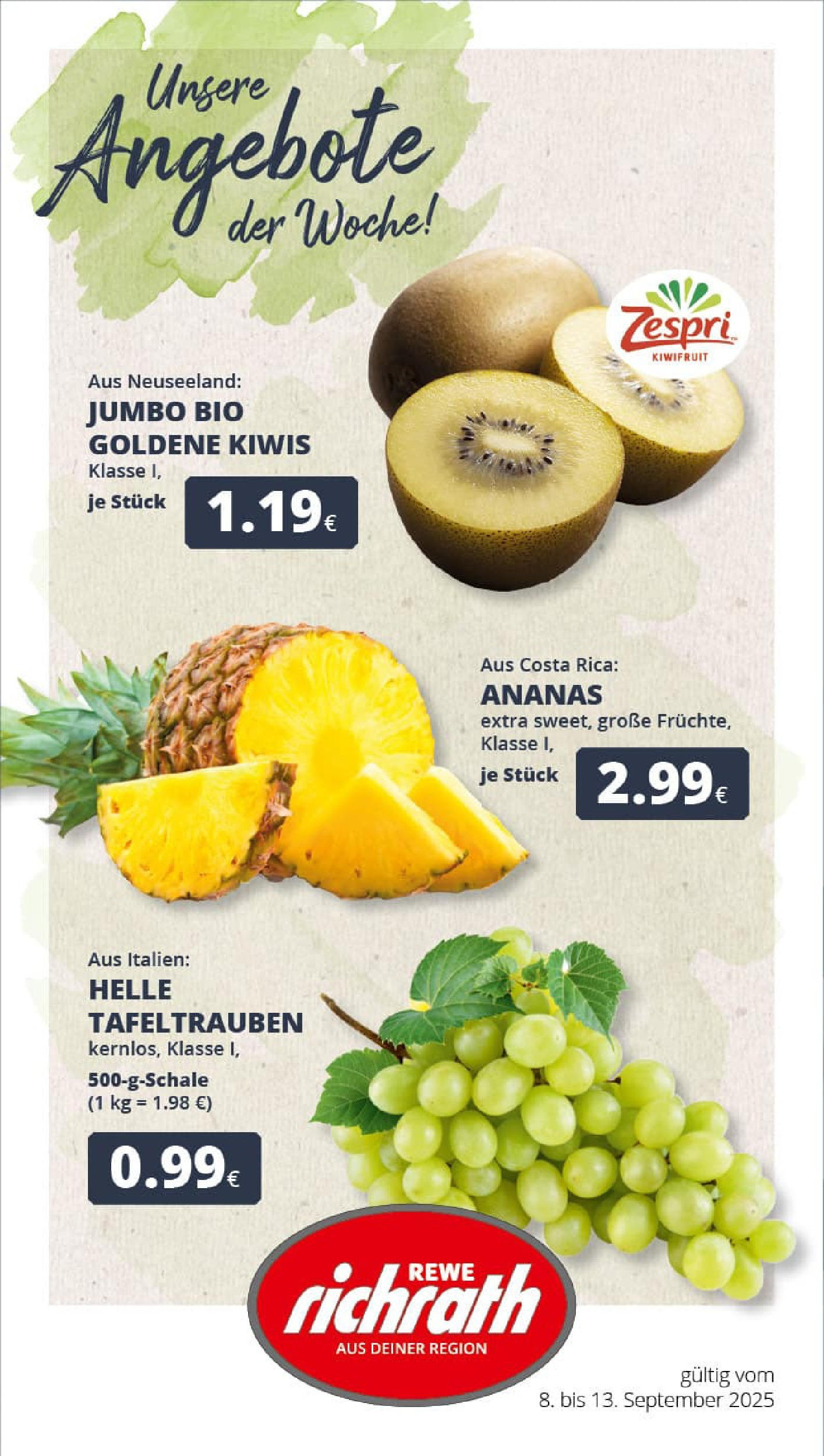 REWE Prospekt ab 07.09.2025 zum Blättern » Angebote | Seite: 1 | Produkte: Ananas, Kiwi REWE Prospekt ab 07.09.2025 zum Blättern » Angebote | Seite: 1 | Produkte: Ananas, Kiwi