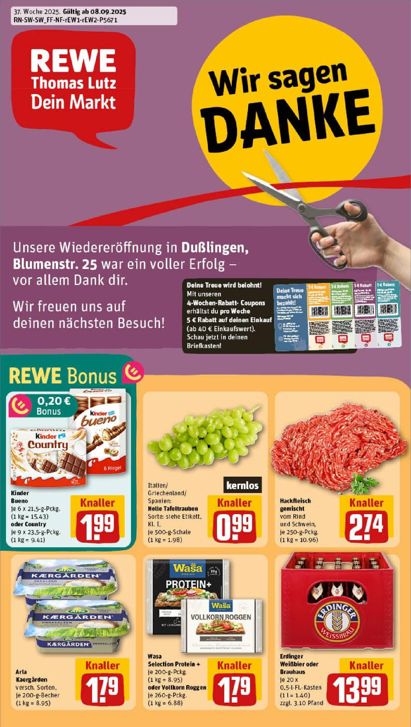 REWE Prospekt ab 07.09.2025 zum Blättern » Angebote | Seite: 1 | Produkte: Erdinger, Butter, Kinder bueno, Hackfleisch REWE Prospekt ab 07.09.2025 zum Blättern » Angebote | Seite: 1 | Produkte: Erdinger, Butter, Kinder bueno, Hackfleisch