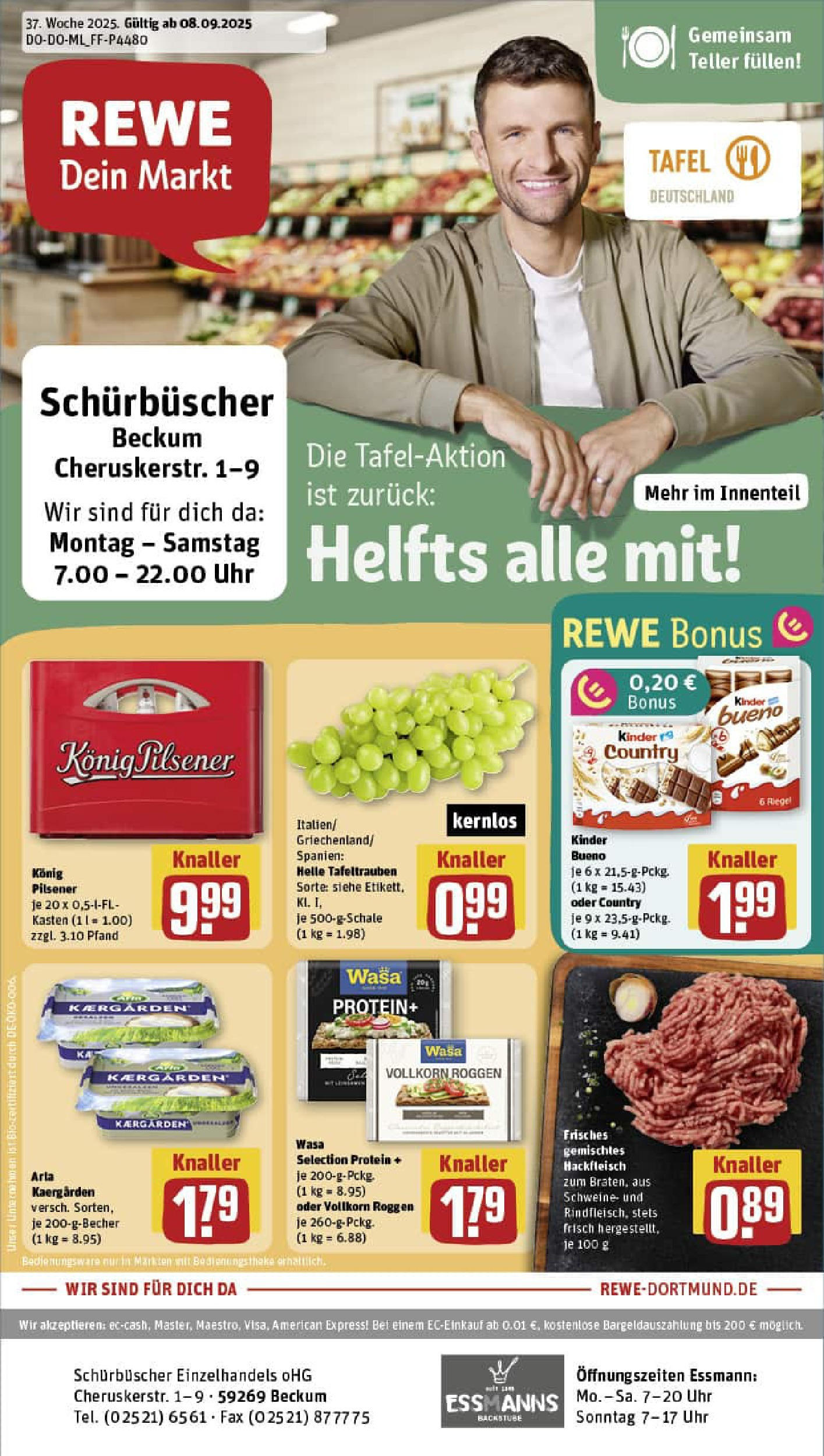REWE Prospekt ab 07.09.2025 zum Blättern » Angebote | Seite: 1 | Produkte: Konig pilsener, Kinder bueno, Uhr, Hackfleisch REWE Prospekt ab 07.09.2025 zum Blättern » Angebote | Seite: 1 | Produkte: Konig pilsener, Kinder bueno, Uhr, Hackfleisch