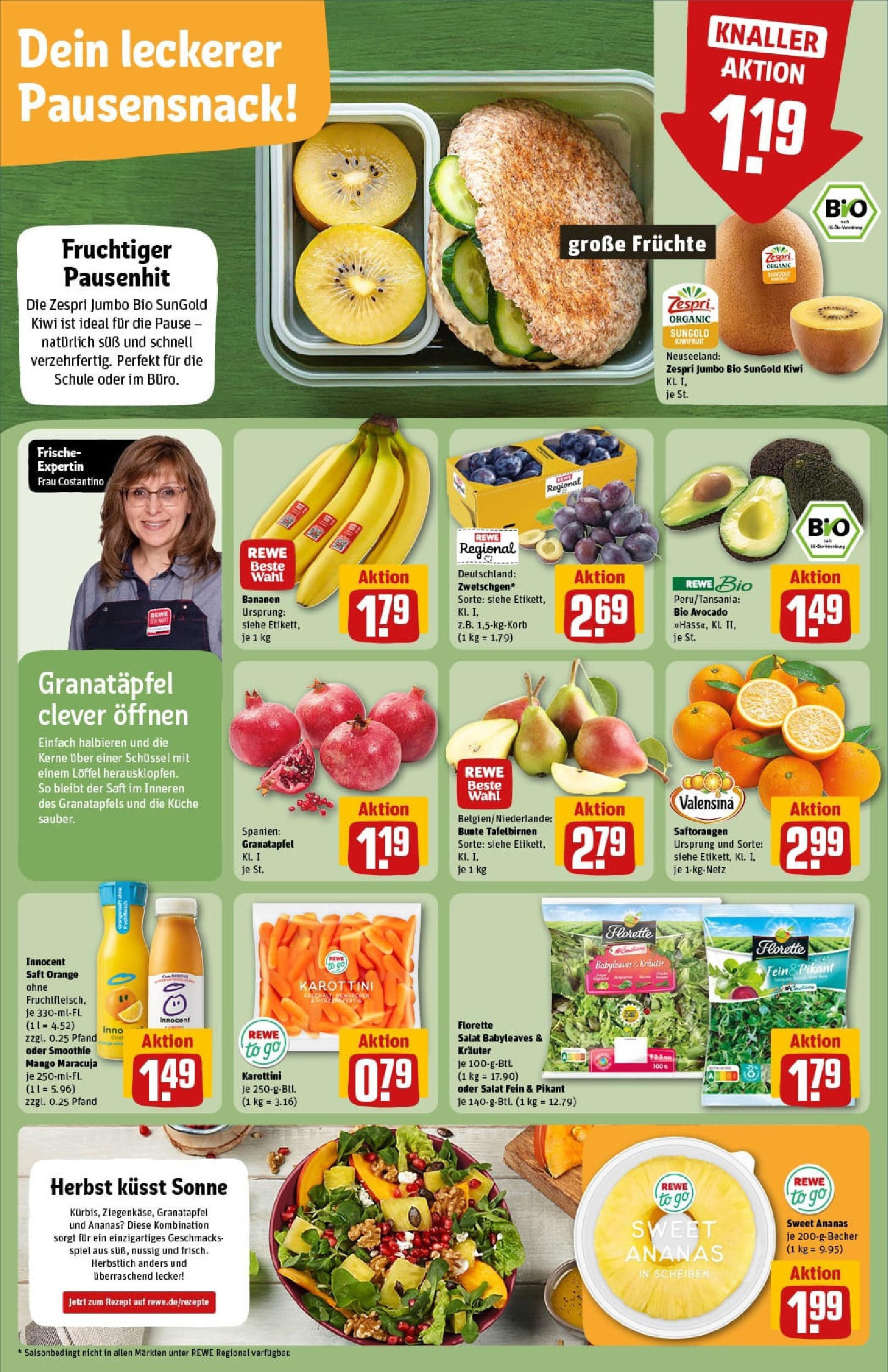 REWE Prospekt ab 07.09.2025 zum Blättern » Angebote | Seite: 8 | Produkte: Granatapfel, Küche, Bananen, Salat REWE Prospekt ab 07.09.2025 zum Blättern » Angebote | Seite: 8 | Produkte: Granatapfel, Küche, Bananen, Salat