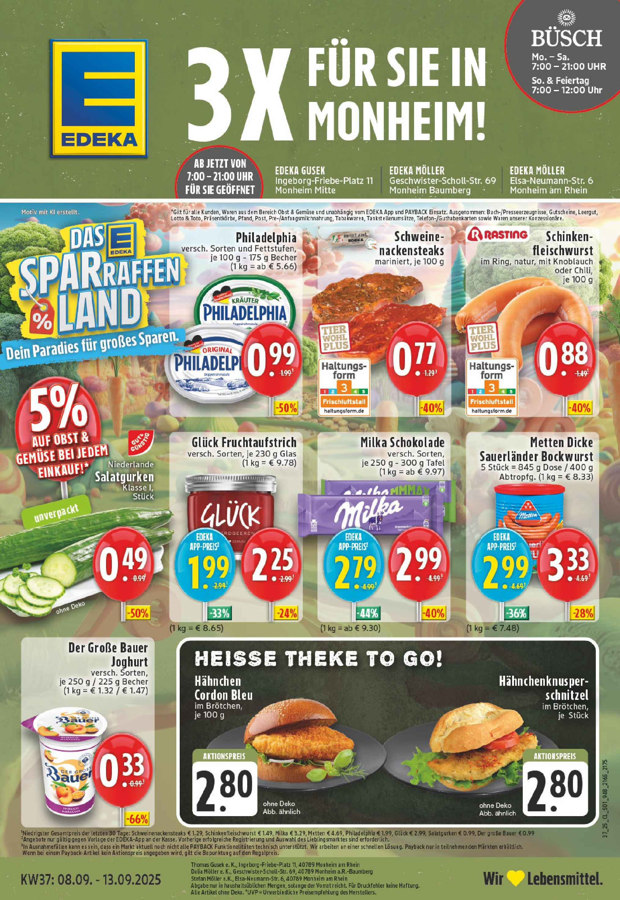 Edeka prospekt Monheim Am Rhein (ab 07.09.2025) » Angebote Online | Seite: 1 | Produkte: Nackensteaks, Theke, Schinken, Uhr Edeka prospekt Monheim Am Rhein (ab 07.09.2025) » Angebote Online | Seite: 1 | Produkte: Nackensteaks, Theke, Schinken, Uhr