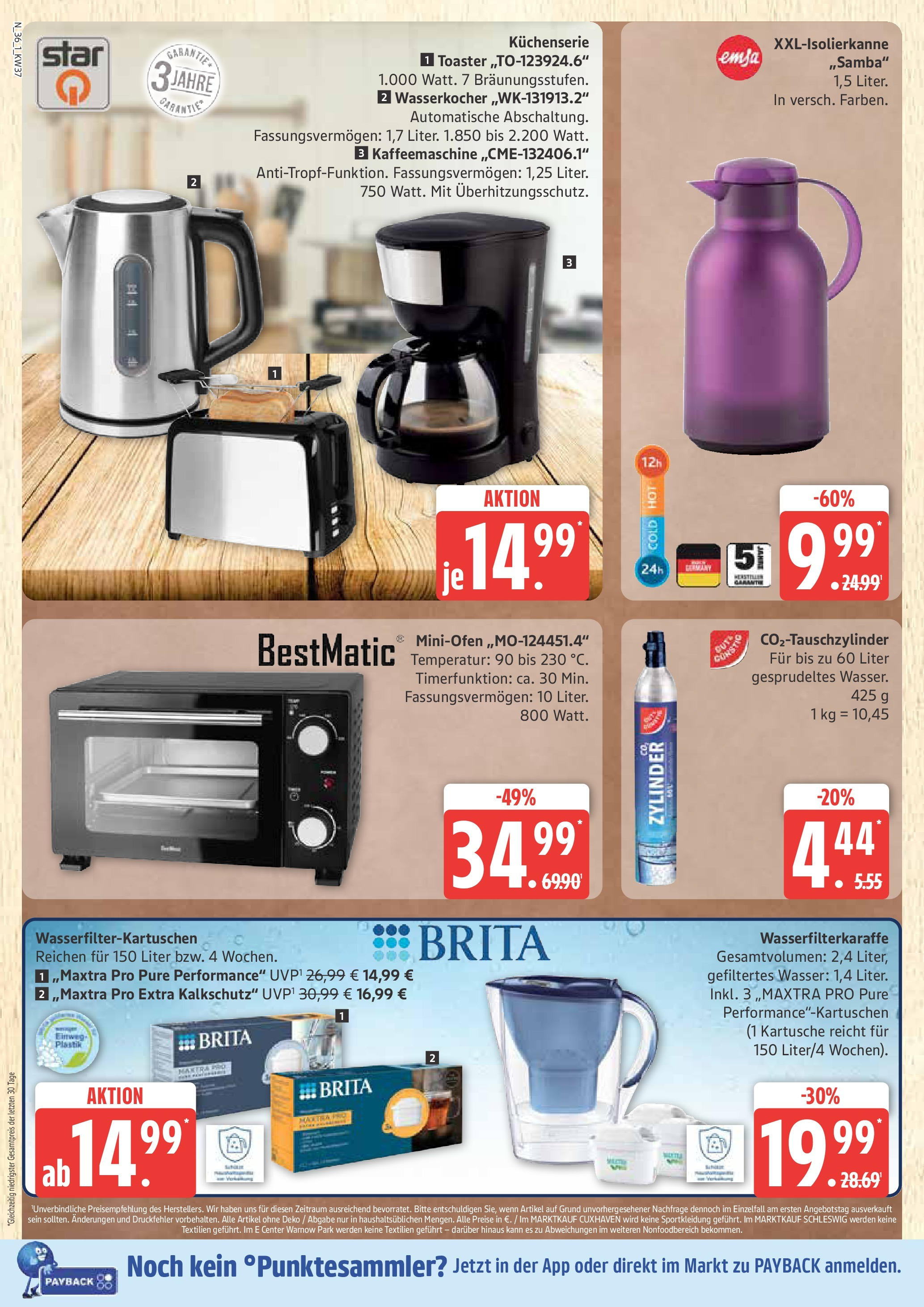 Marktkauf - Marktkauf: Wochenangebote (ab 07.09.2025) » Angebote online | Seite: 36 | Produkte: Kaffeemaschine, Wasserkocher, Toaster, Wasser