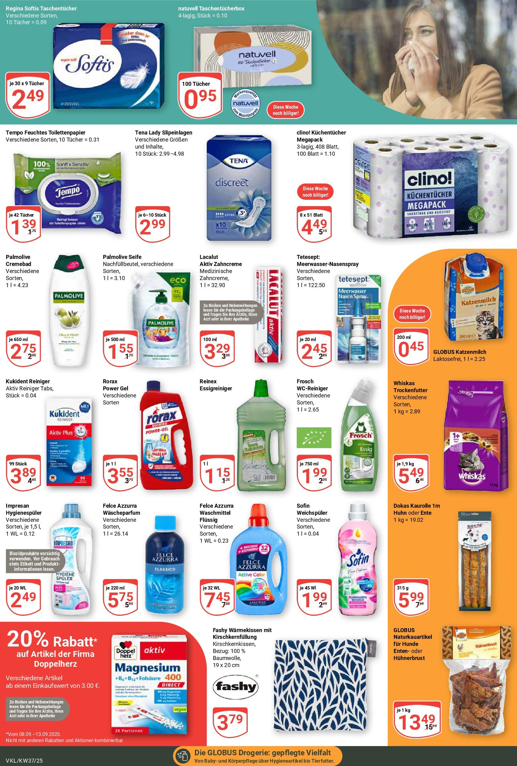 Globus prospekt Völklingen (ab 07.09.2025) » Angebote ab Montag | Seite: 22 | Produkte: Seife, Weichspüler, Tempo, Toilettenpapier Globus prospekt Völklingen (ab 07.09.2025) » Angebote online | Seite: 22 | Produkte: Seife, Weichspüler, Tempo, Toilettenpapier