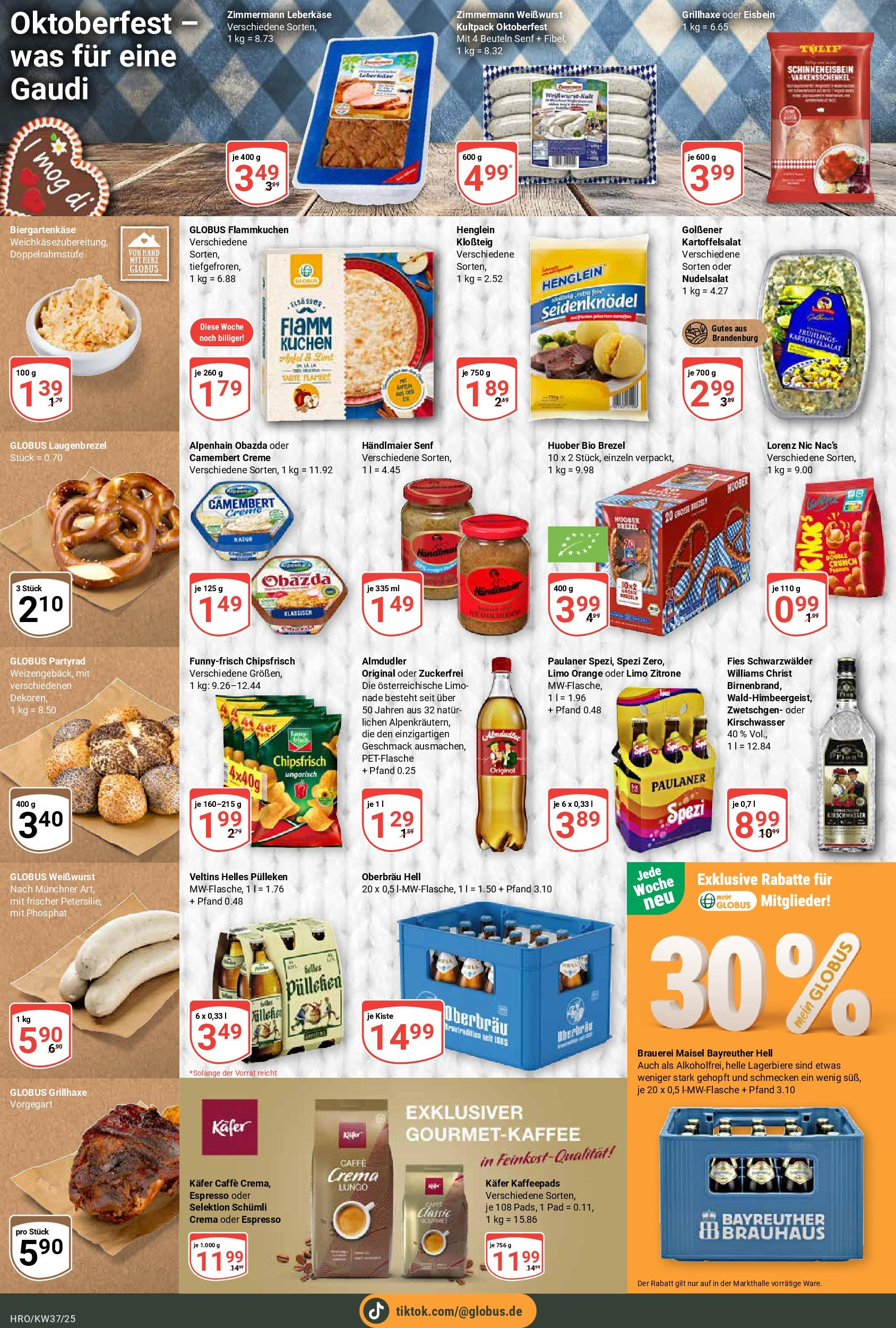 Globus prospekt Rostock	 (ab 07.09.2025) » Angebote online | Seite: 14 | Produkte: Bayreuther hell, Weißwurst, Veltins, Leberkase