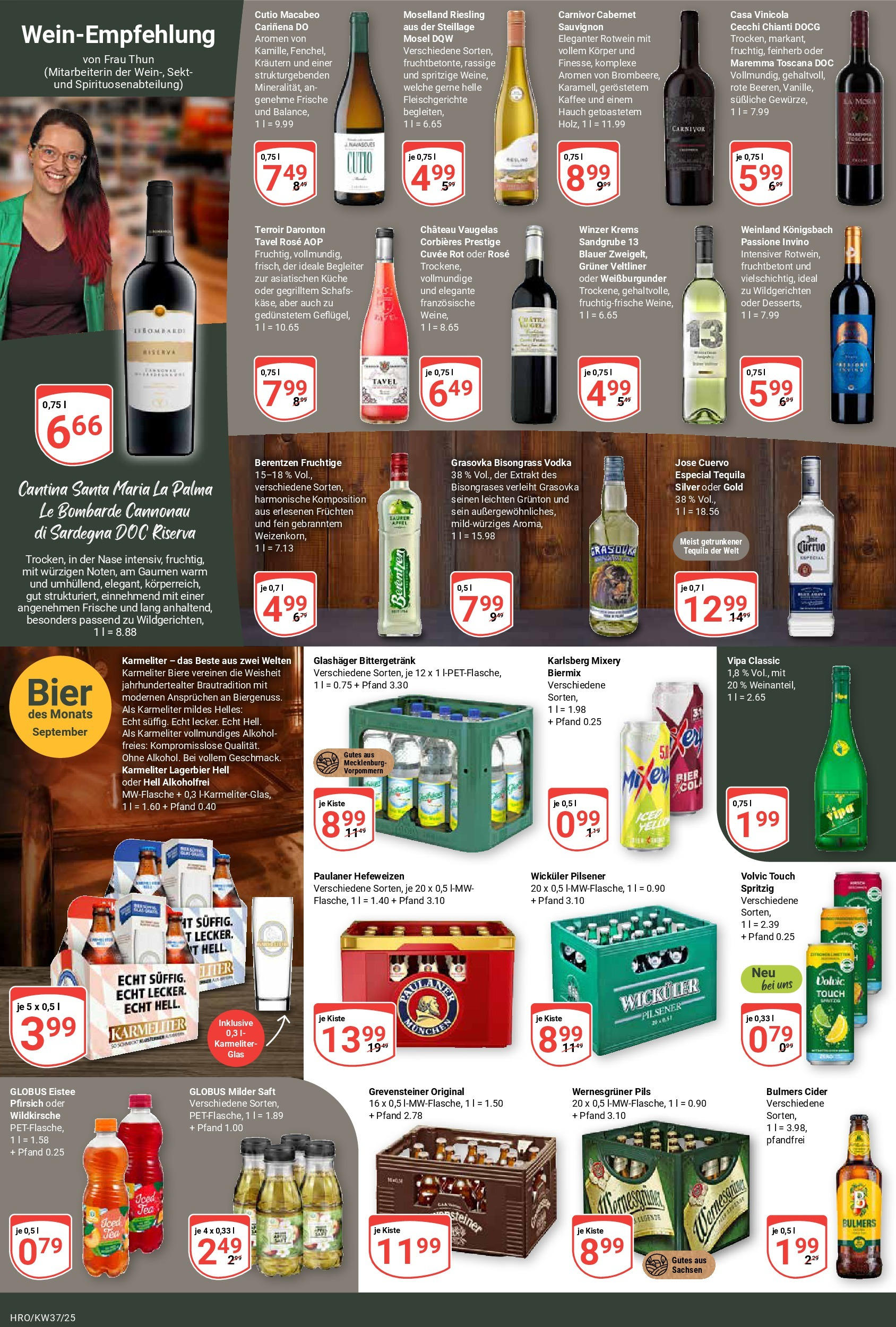 Globus prospekt Rostock	 (ab 07.09.2025) » Angebote online | Seite: 15 | Produkte: Wernesgruner, Saft, Vodka, Paulaner