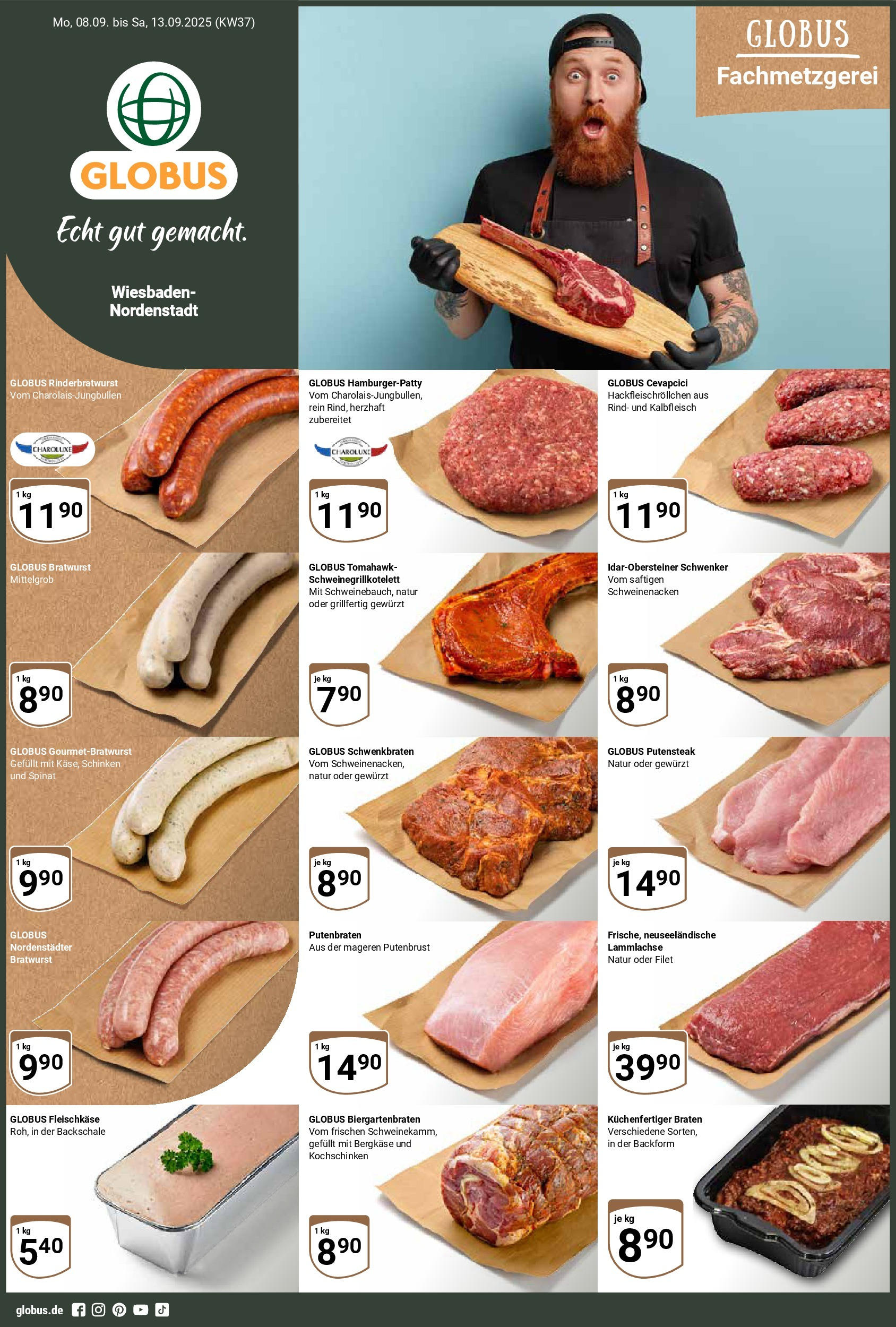 Globus prospekt Wiesbaden-Nordenstadt (ab 07.09.2025) » Angebote ab Montag | Seite: 1 | Produkte: Bratwurst, Cevapcici, Schweinenacken, Schinken Globus prospekt Wiesbaden-Nordenstadt (ab 07.09.2025) » Angebote online | Seite: 1 | Produkte: Bratwurst, Cevapcici, Schweinenacken, Schinken