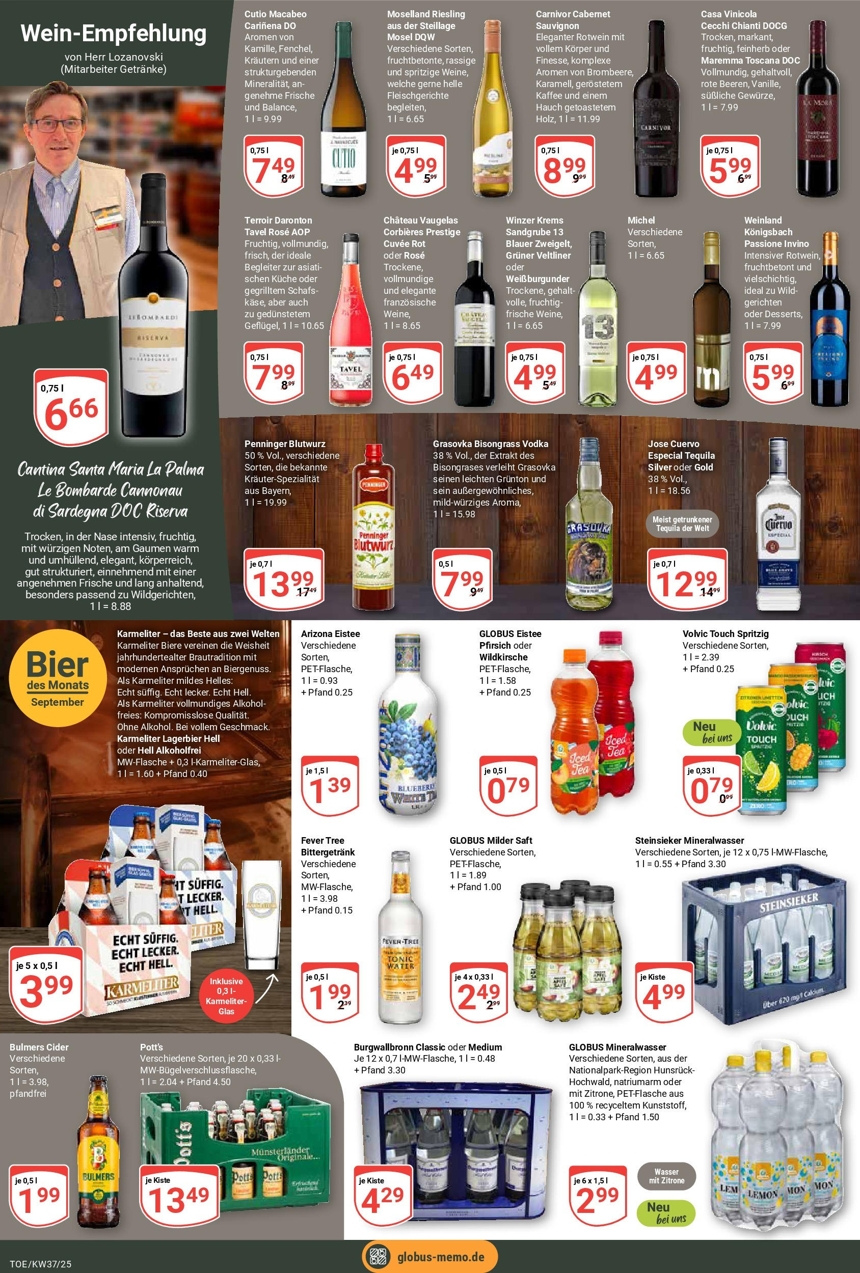 Globus prospekt Tönisvorst	 (ab 07.09.2025) » Angebote online | Seite: 15 | Produkte: Rotwein, Mineralwasser, Zitrone, Vodka