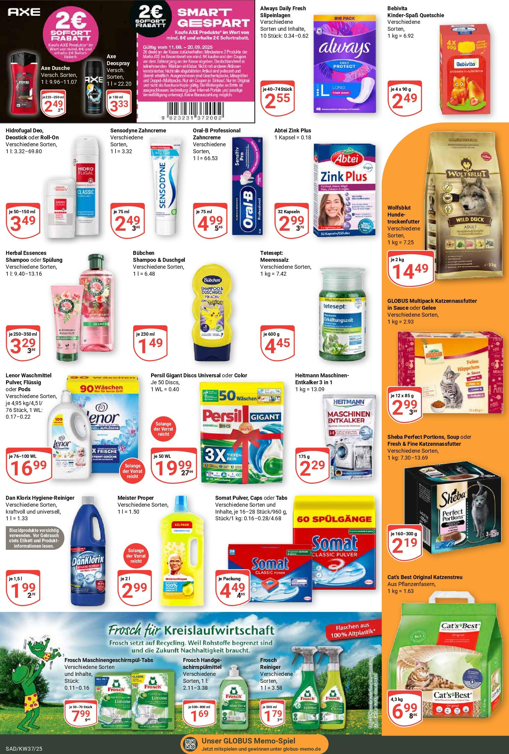 Globus prospekt Schwandorf (ab 07.09.2025) » Angebote ab Montag | Seite: 19 | Produkte: Sheba, Spülung, Waschmittel, Axe Globus prospekt Schwandorf (ab 07.09.2025) » Angebote online | Seite: 19 | Produkte: Sheba, Spülung, Waschmittel, Axe