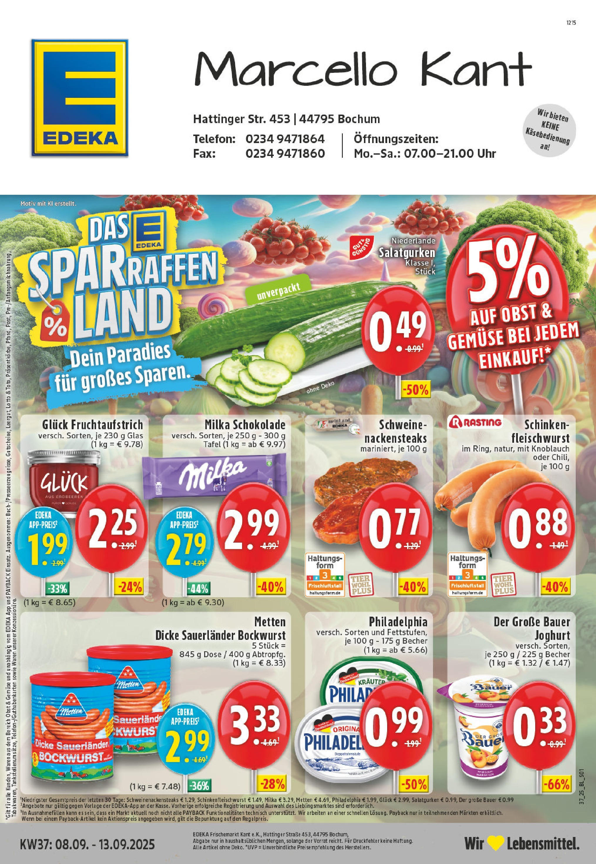 Edeka prospekt Bochum (ab 07.09.2025) » Angebote Online | Seite: 1 | Produkte: Dicke sauerlander bockwurst, Steak, Telefon, Uhr Edeka prospekt Bochum (ab 07.09.2025) » Angebote Online | Seite: 1 | Produkte: Dicke sauerlander bockwurst, Steak, Telefon, Uhr