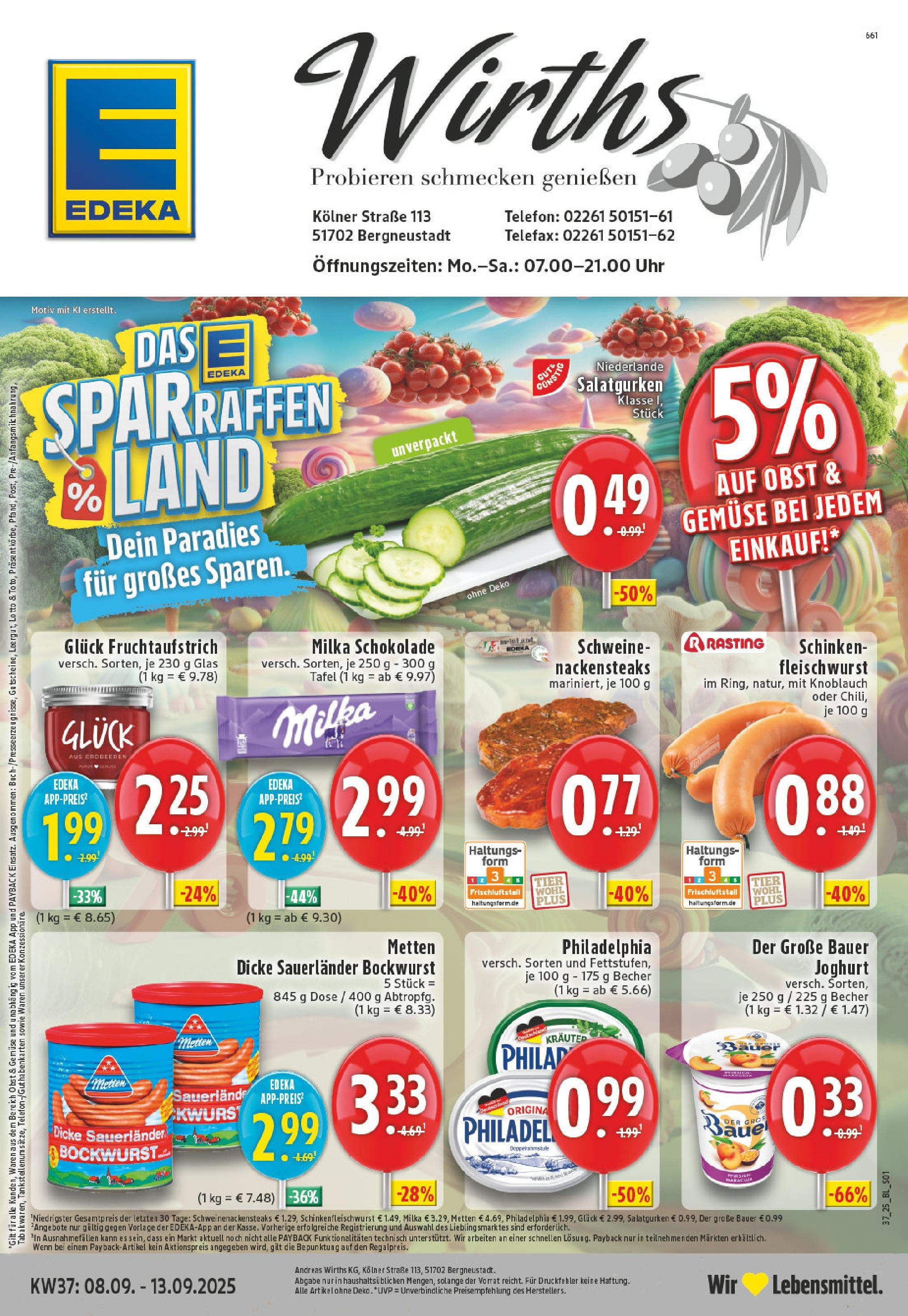 Edeka prospekt Bergneustadt (ab 07.09.2025) » Angebote Online | Seite: 1 | Produkte: Dicke sauerlander bockwurst, Obst, Schinken, Steak Edeka prospekt Bergneustadt (ab 07.09.2025) » Angebote Online | Seite: 1 | Produkte: Dicke sauerlander bockwurst, Obst, Schinken, Steak