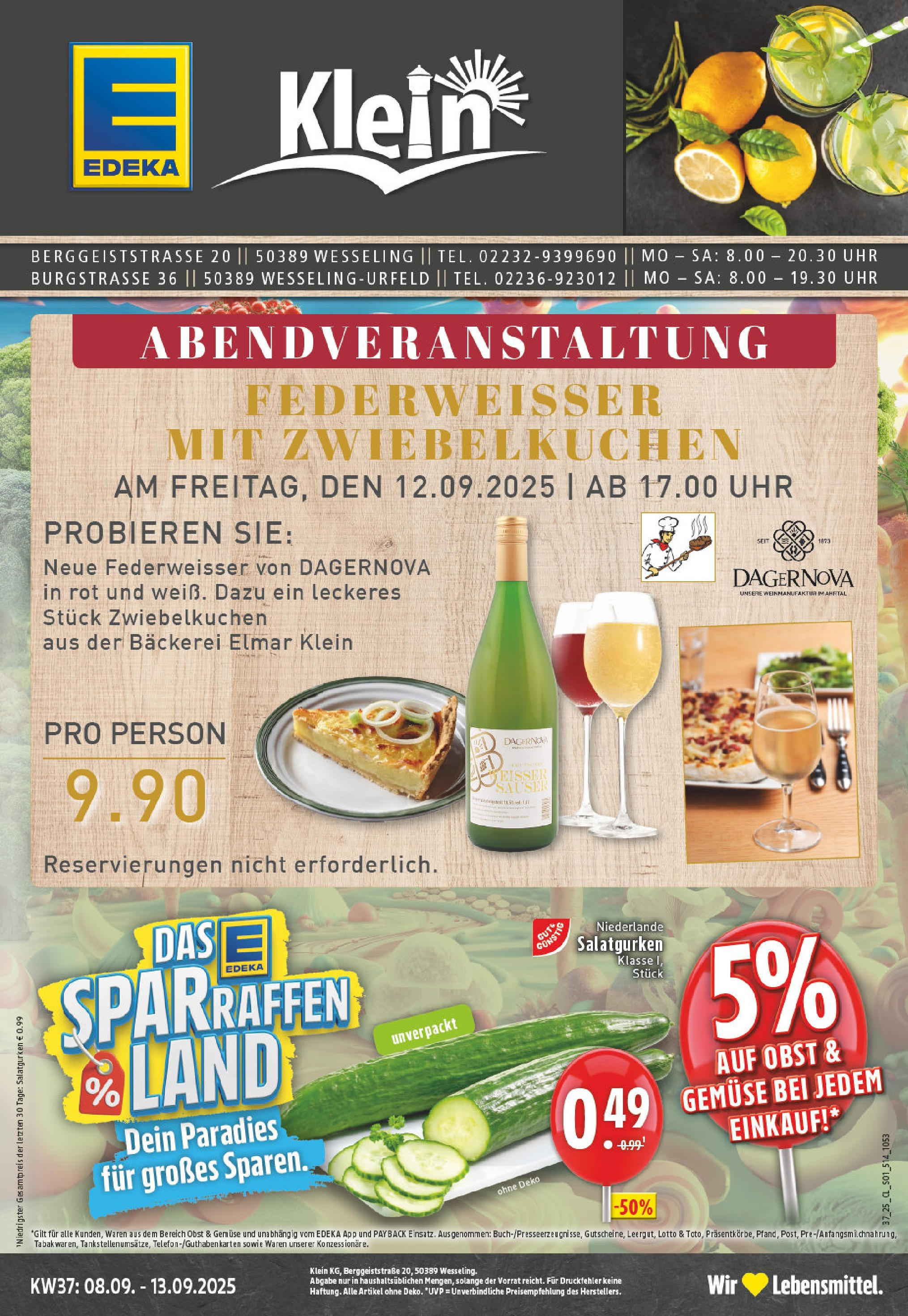 Edeka prospekt Wesseling-Urfeld	 (ab 07.09.2025) » Angebote Online | Seite: 1 | Produkte: Bäckerei, Gemüse, Obst, Uhr