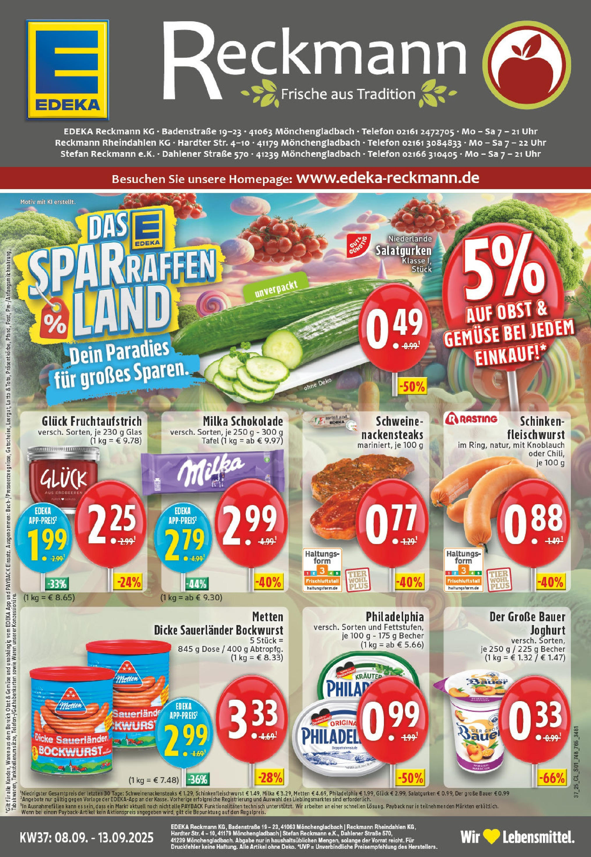 Edeka prospekt Mönchengladbach	 (ab 07.09.2025) » Angebote Online | Seite: 1 | Produkte: Bockwurst, Dicke sauerlander bockwurst, Gemüse, Erdbeeren