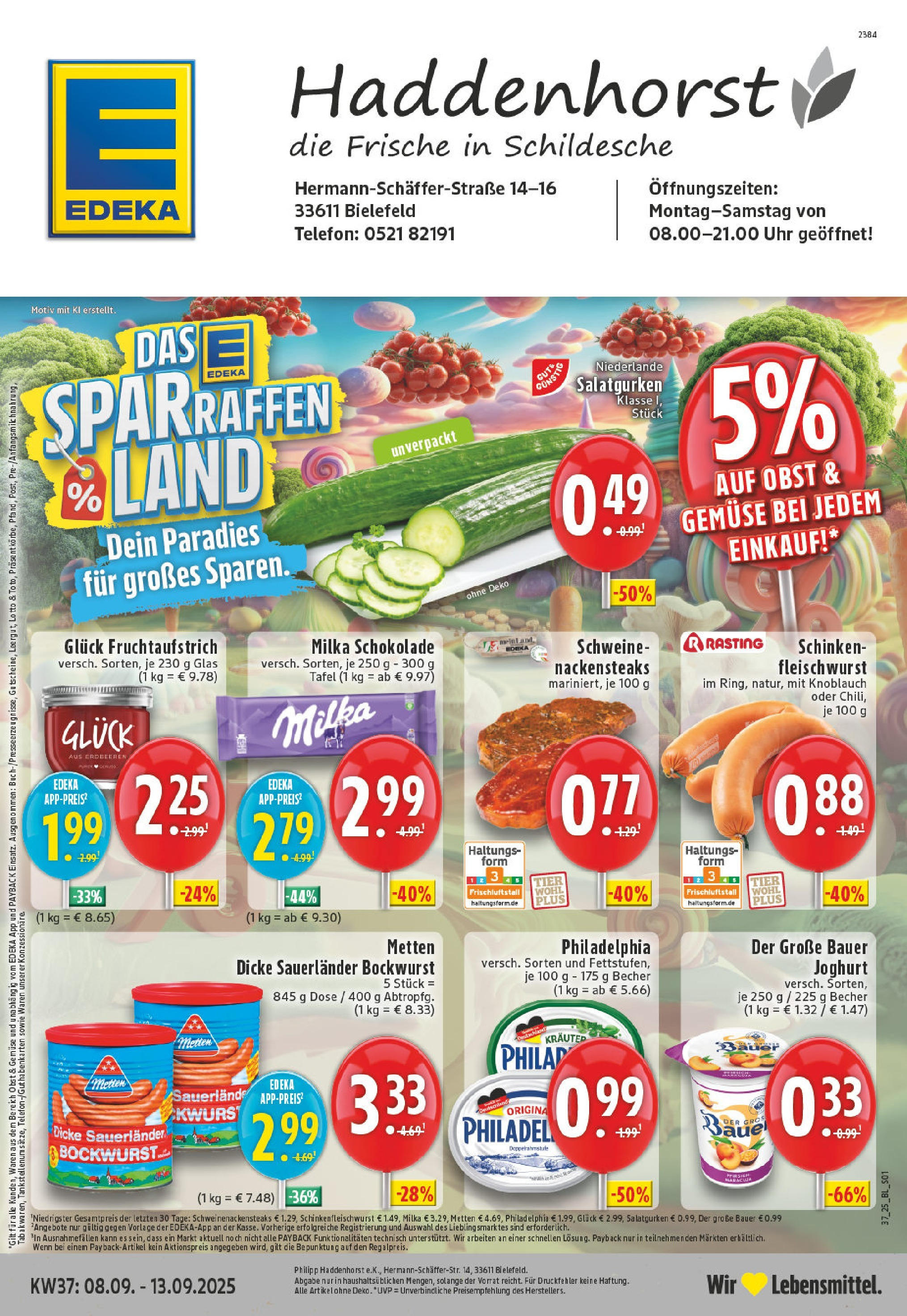 Edeka prospekt Bielefeld	 (ab 07.09.2025) » Angebote Online | Seite: 1 | Produkte: Nackensteaks, Dicke sauerlander bockwurst, Milka, Telefon