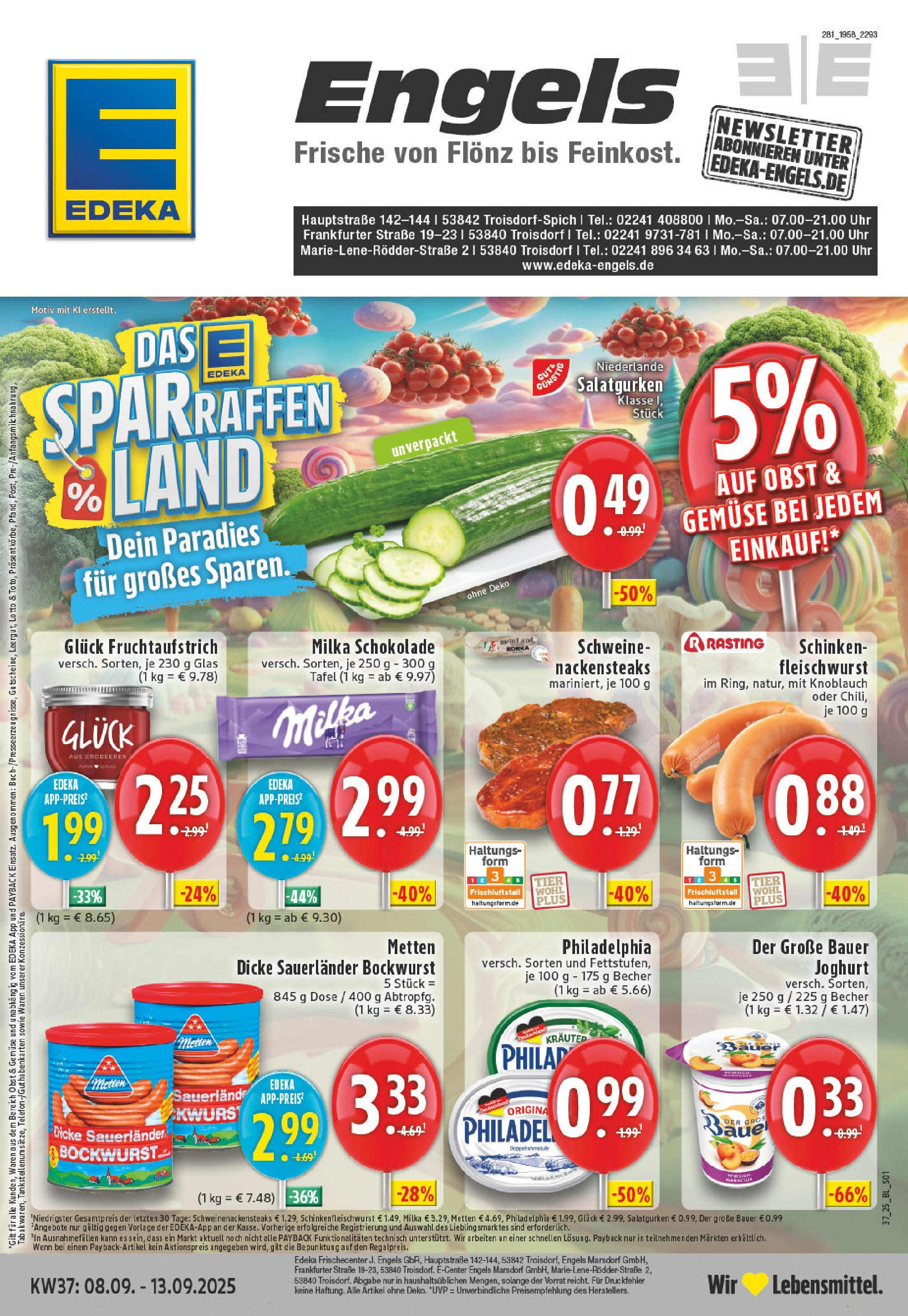Edeka prospekt Troisdorf (ab 07.09.2025) » Angebote Online | Seite: 1 | Produkte: Bauer joghurt, Milka, Knoblauch, Pfirsich Edeka prospekt Troisdorf (ab 07.09.2025) » Angebote Online | Seite: 1 | Produkte: Bauer joghurt, Milka, Knoblauch, Pfirsich