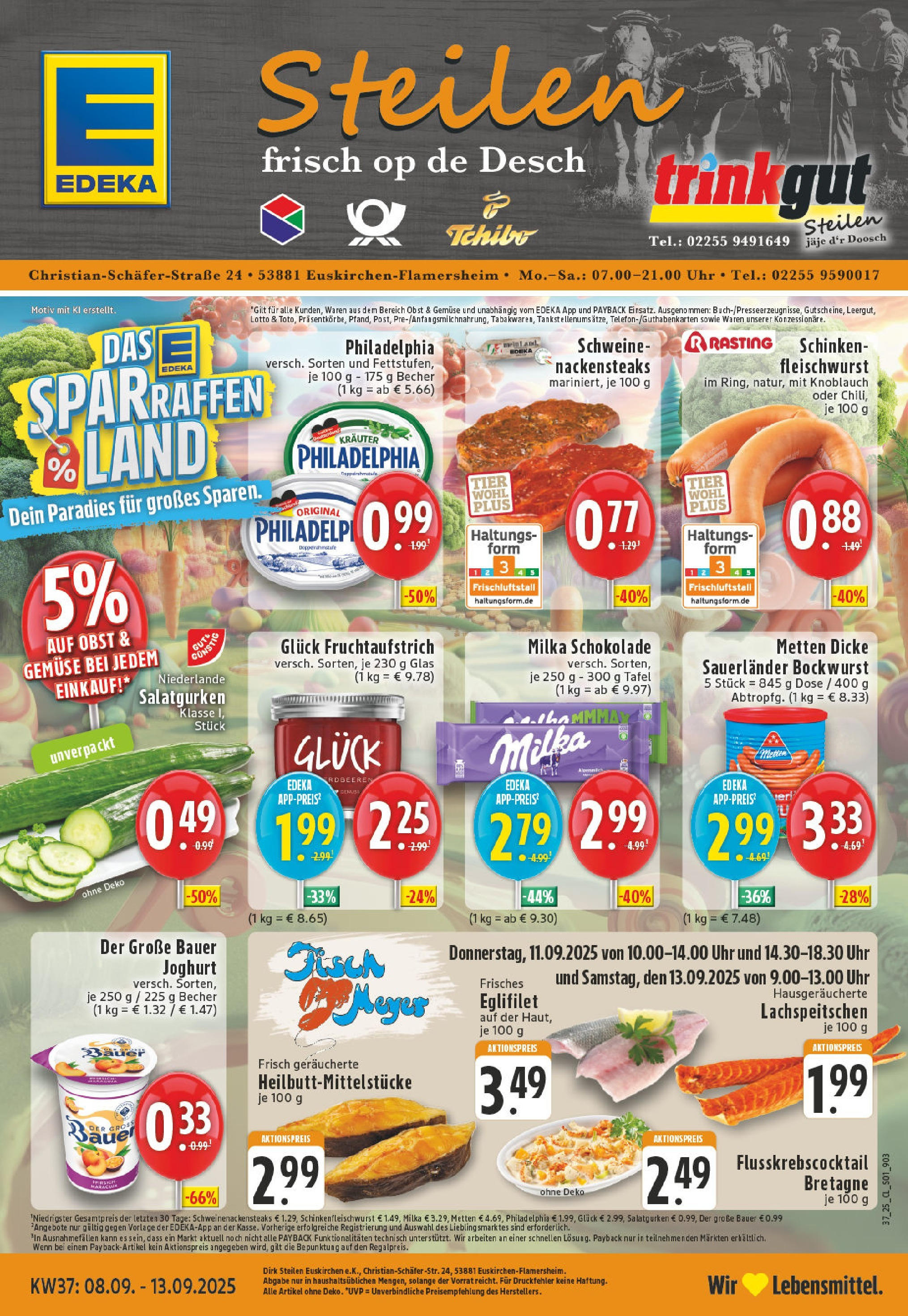 Edeka prospekt Euskirchen (ab 07.09.2025) » Angebote Online | Seite: 1 | Produkte: Dicke sauerlander bockwurst, Bauer joghurt, Fisch, Knoblauch Edeka prospekt Euskirchen (ab 07.09.2025) » Angebote Online | Seite: 1 | Produkte: Dicke sauerlander bockwurst, Bauer joghurt, Fisch, Knoblauch