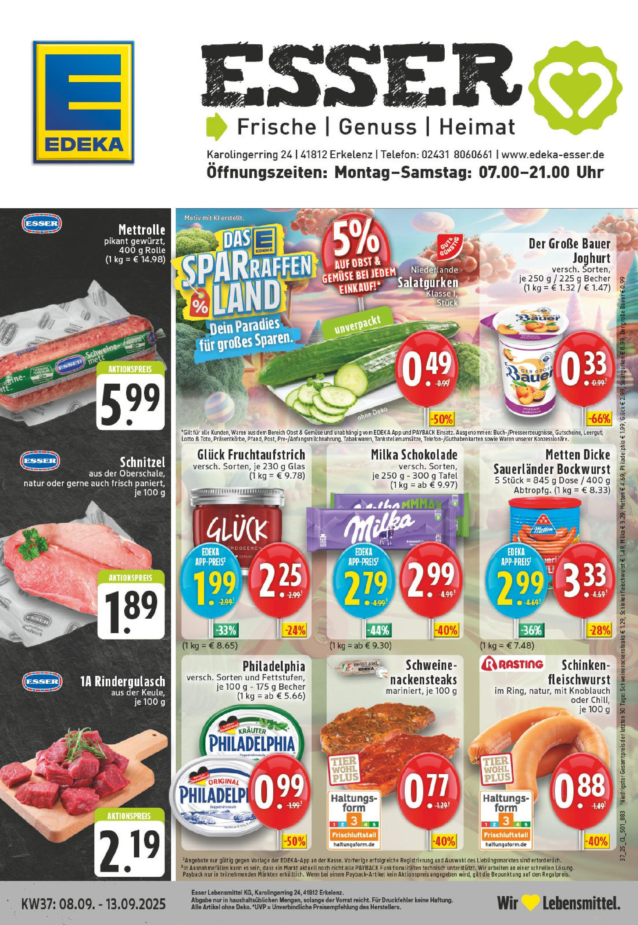 Edeka prospekt Erkelenz (ab 07.09.2025) » Angebote Online | Seite: 1 | Produkte: Bockwurst, Joghurt, Philadelphia, Uhr Edeka prospekt Erkelenz (ab 07.09.2025) » Angebote Online | Seite: 1 | Produkte: Bockwurst, Joghurt, Philadelphia, Uhr