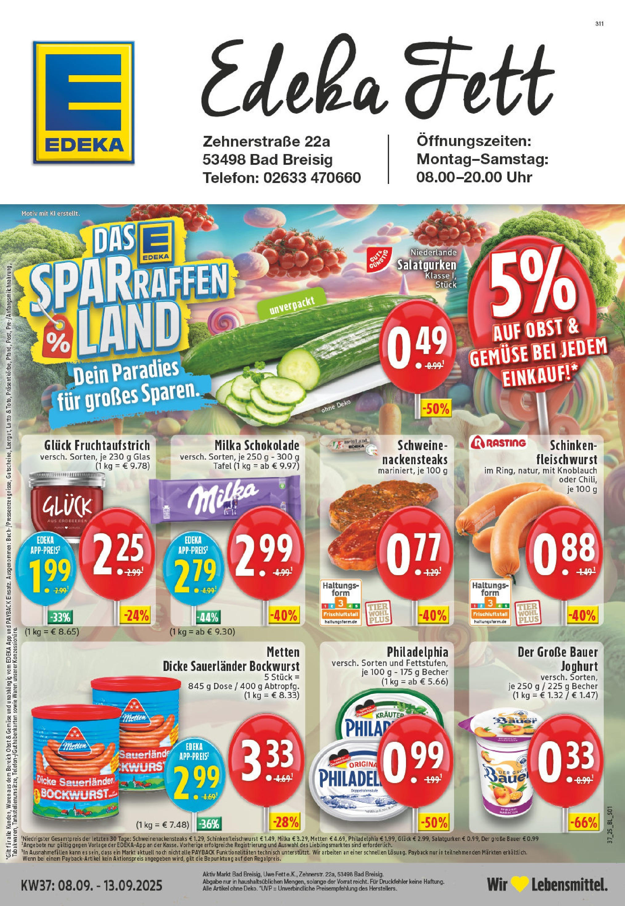 Edeka prospekt Bad Breisig (ab 07.09.2025) » Angebote Online | Seite: 1 | Produkte: Dicke sauerlander bockwurst, Milka schokolade, Bauer joghurt, Telefon Edeka prospekt Bad Breisig (ab 07.09.2025) » Angebote Online | Seite: 1 | Produkte: Dicke sauerlander bockwurst, Milka schokolade, Bauer joghurt, Telefon