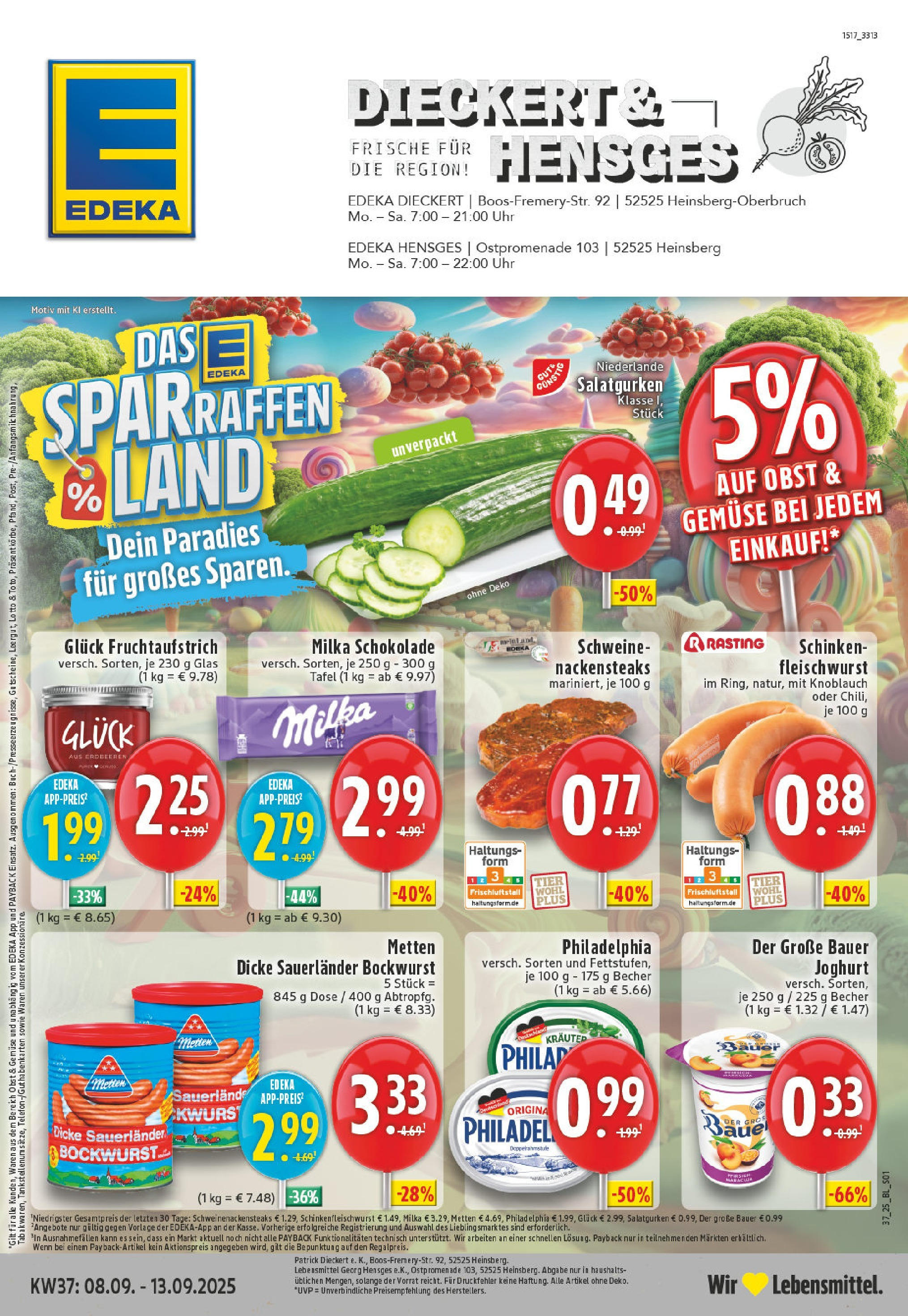 Edeka prospekt Heinsberg (ab 07.09.2025) » Angebote Online | Seite: 1 | Produkte: Nackensteaks, Dicke sauerlander bockwurst, Obst, Pfirsich Edeka prospekt Heinsberg (ab 07.09.2025) » Angebote Online | Seite: 1 | Produkte: Nackensteaks, Dicke sauerlander bockwurst, Obst, Pfirsich