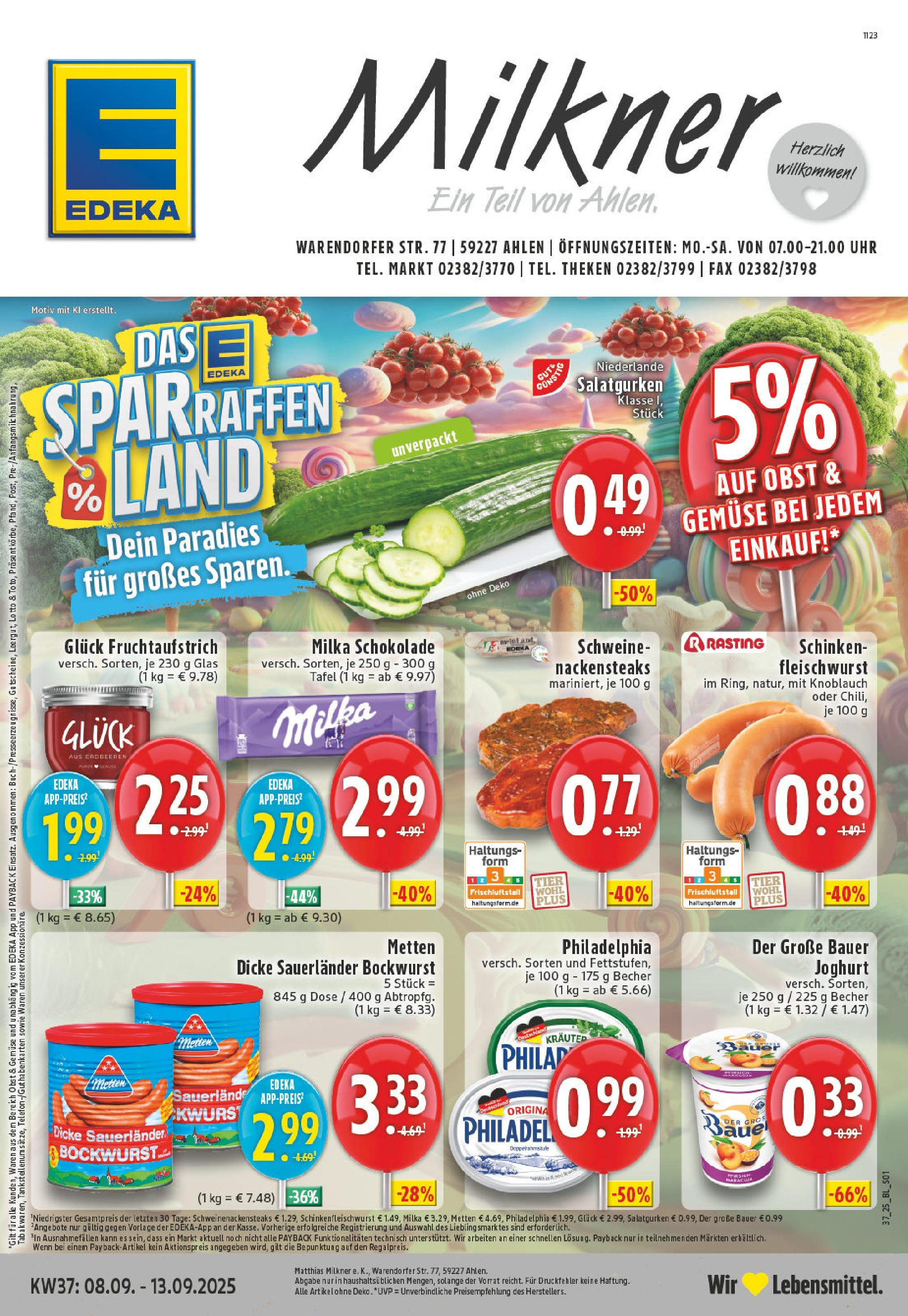 Edeka prospekt Ahlen	 (ab 07.09.2025) » Angebote Online | Seite: 1 | Produkte: Dicke sauerlander bockwurst, Schokolade, Bauer joghurt, Milka