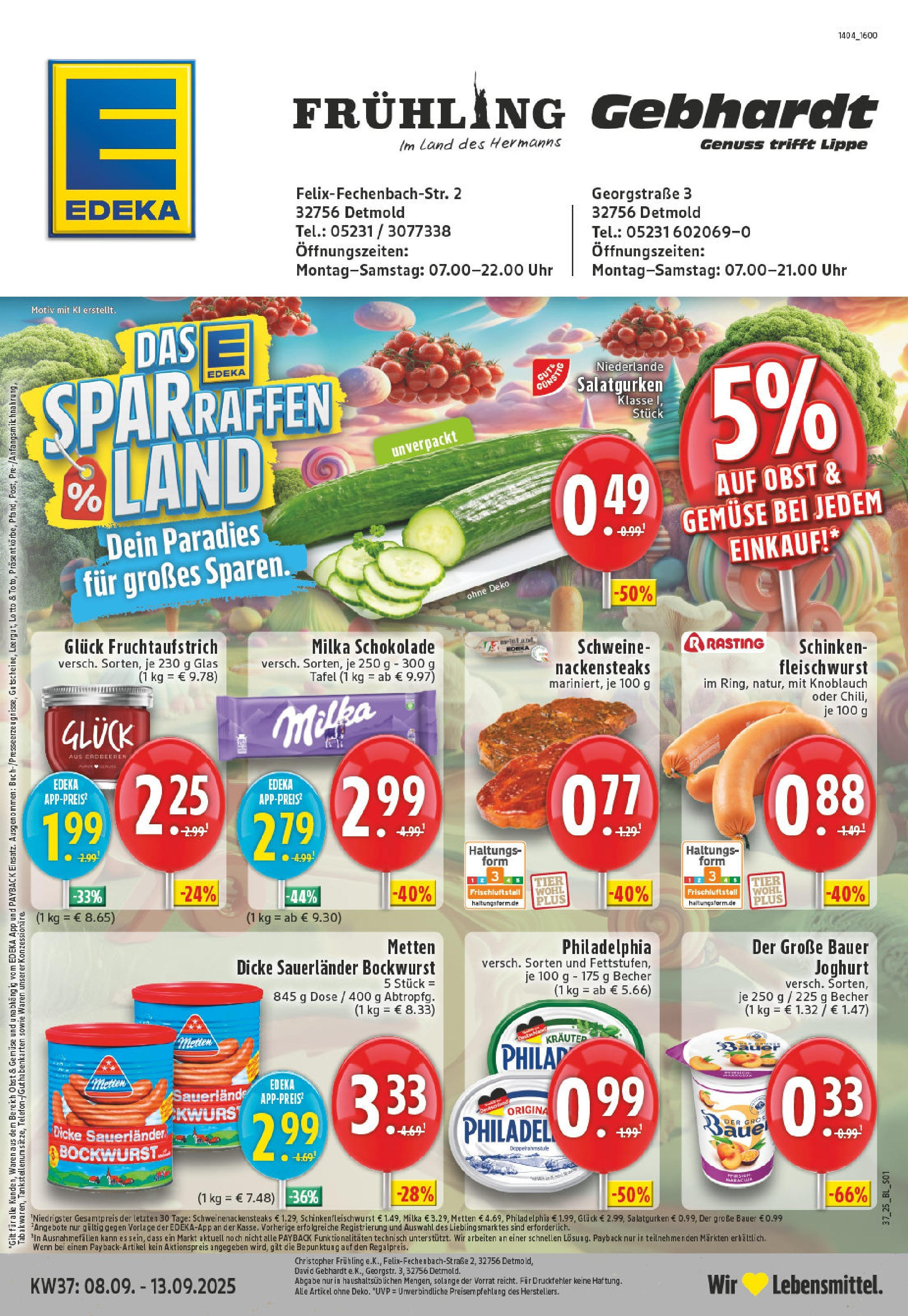 Edeka prospekt Detmold	 (ab 07.09.2025) » Angebote Online | Seite: 1 | Produkte: Dicke sauerlander bockwurst, Schokolade, Knoblauch, Pfirsich