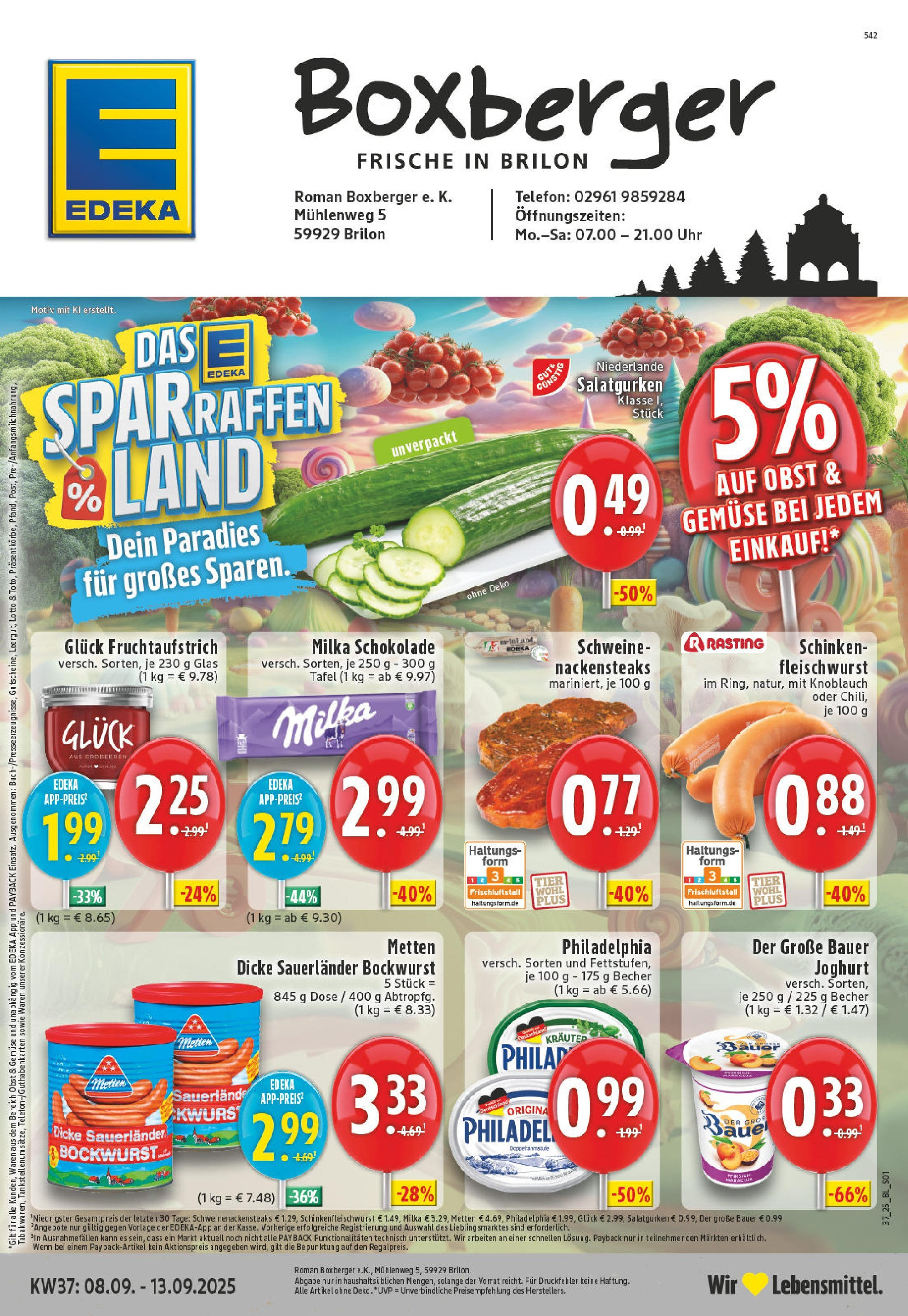 Edeka prospekt Brilon (ab 07.09.2025) » Angebote Online | Seite: 1 | Produkte: Dicke sauerlander bockwurst, Milka, Obst, Schinken Edeka prospekt Brilon (ab 07.09.2025) » Angebote Online | Seite: 1 | Produkte: Dicke sauerlander bockwurst, Milka, Obst, Schinken