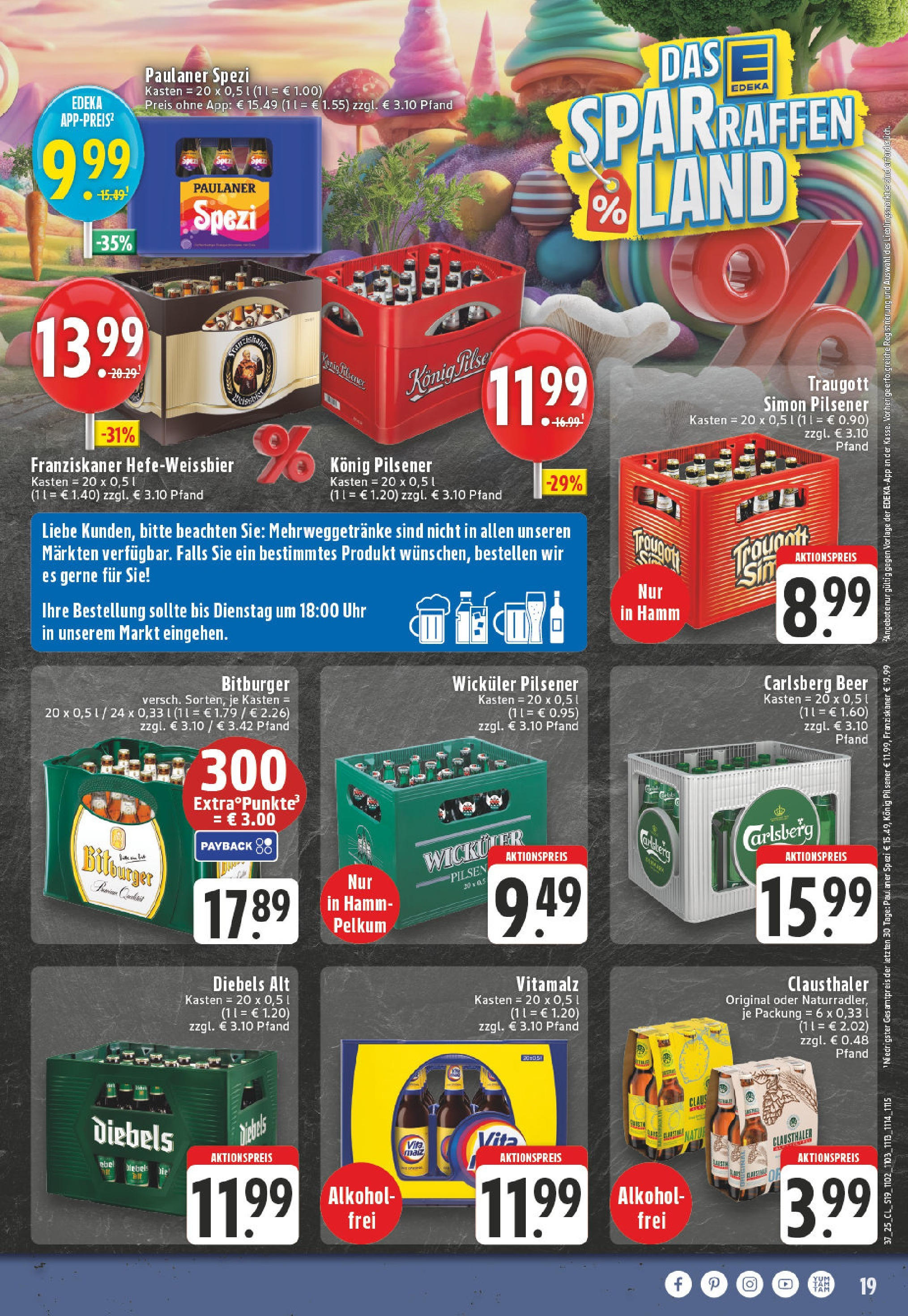 Edeka prospekt Hamm (ab 07.09.2025) » Angebote Online | Seite: 19 | Produkte: Konig pilsener, Carlsberg, Paulaner spezi, Uhr Edeka prospekt Hamm (ab 07.09.2025) » Angebote Online | Seite: 19 | Produkte: Konig pilsener, Carlsberg, Paulaner spezi, Uhr