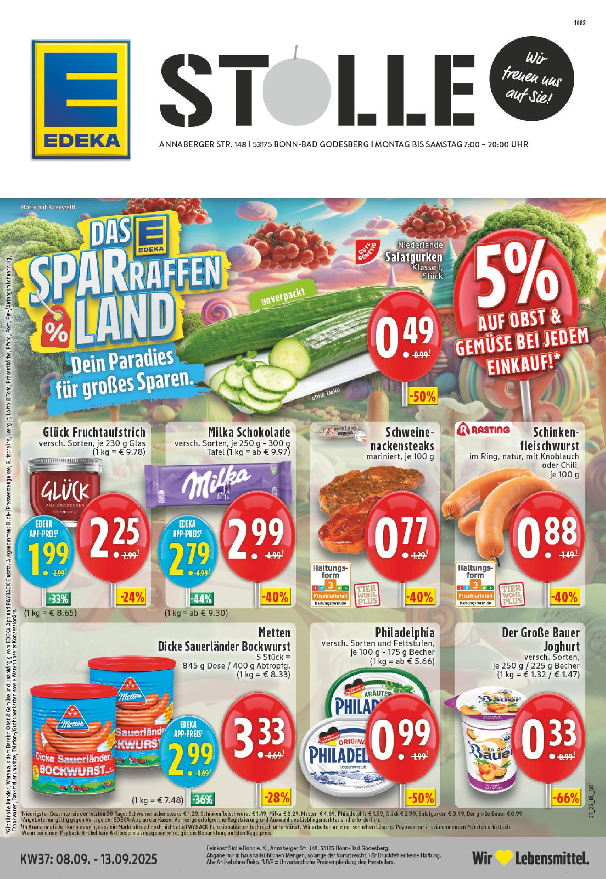 Edeka prospekt Bonn - Bad Godesberg (ab 07.09.2025) » Angebote Online | Seite: 1 | Produkte: Dicke sauerlander bockwurst, Milka schokolade, Philadelphia, Uhr Edeka prospekt Bonn - Bad Godesberg (ab 07.09.2025) » Angebote Online | Seite: 1 | Produkte: Dicke sauerlander bockwurst, Milka schokolade, Philadelphia, Uhr