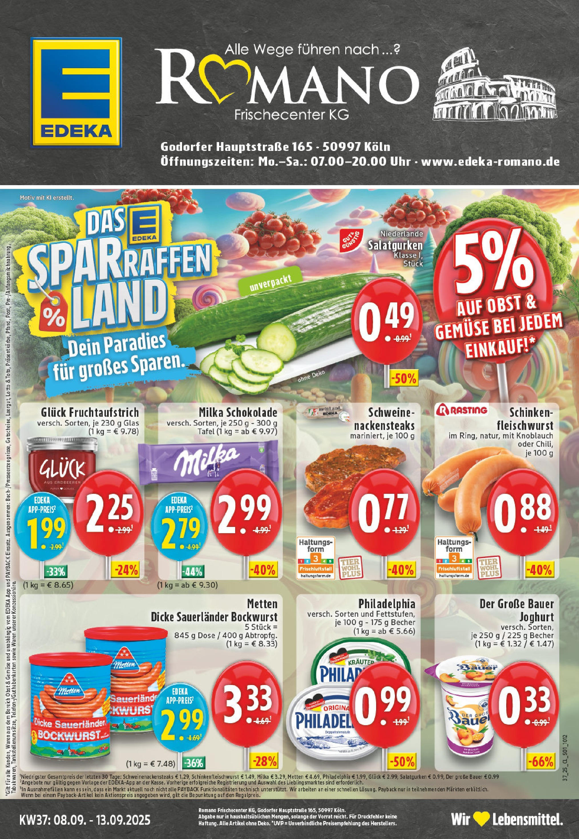 Edeka prospekt Köln-Godorf	 (ab 07.09.2025) » Angebote Online | Seite: 1 | Produkte: Bockwurst, Nackensteaks, Schokolade, Milka schokolade