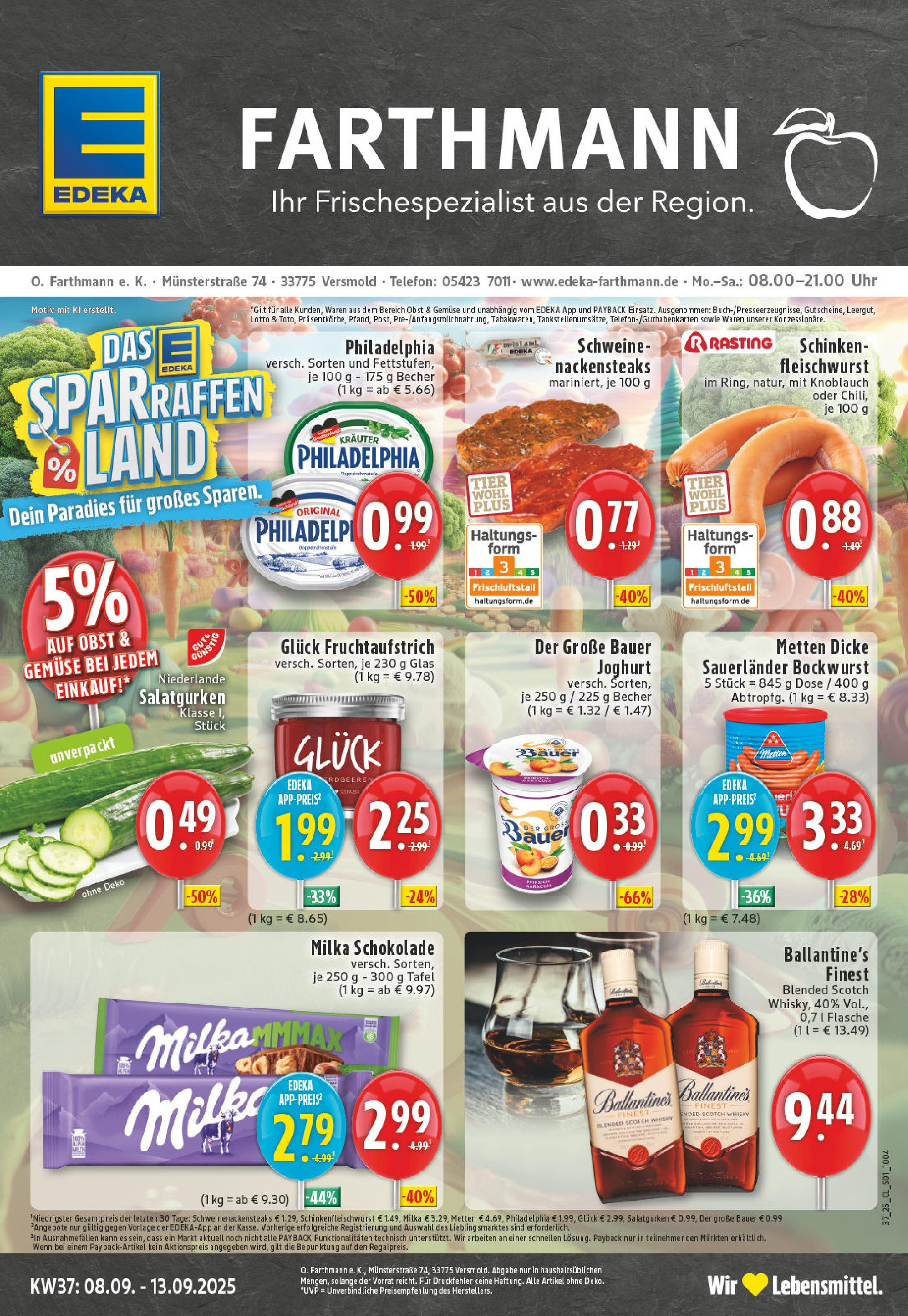 Edeka prospekt Versmold	 (ab 07.09.2025) » Angebote Online | Seite: 1 | Produkte: Dicke sauerlander bockwurst, Milka schokolade, Gemüse, Obst