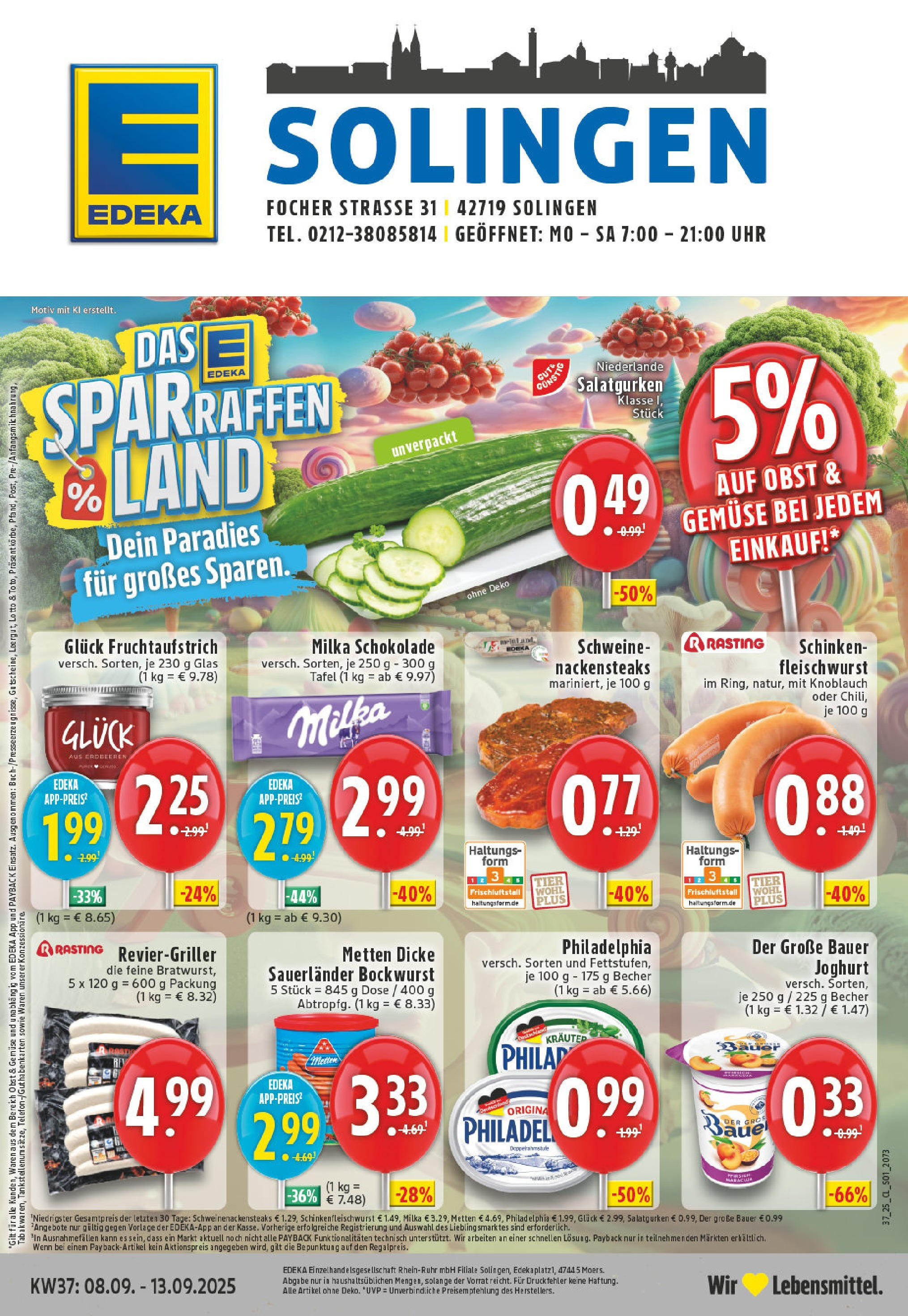 Edeka prospekt Solingen (ab 07.09.2025) » Angebote Online | Seite: 1 | Produkte: Bockwurst, Knoblauch, Schinken, Uhr Edeka prospekt Solingen (ab 07.09.2025) » Angebote Online | Seite: 1 | Produkte: Bockwurst, Knoblauch, Schinken, Uhr