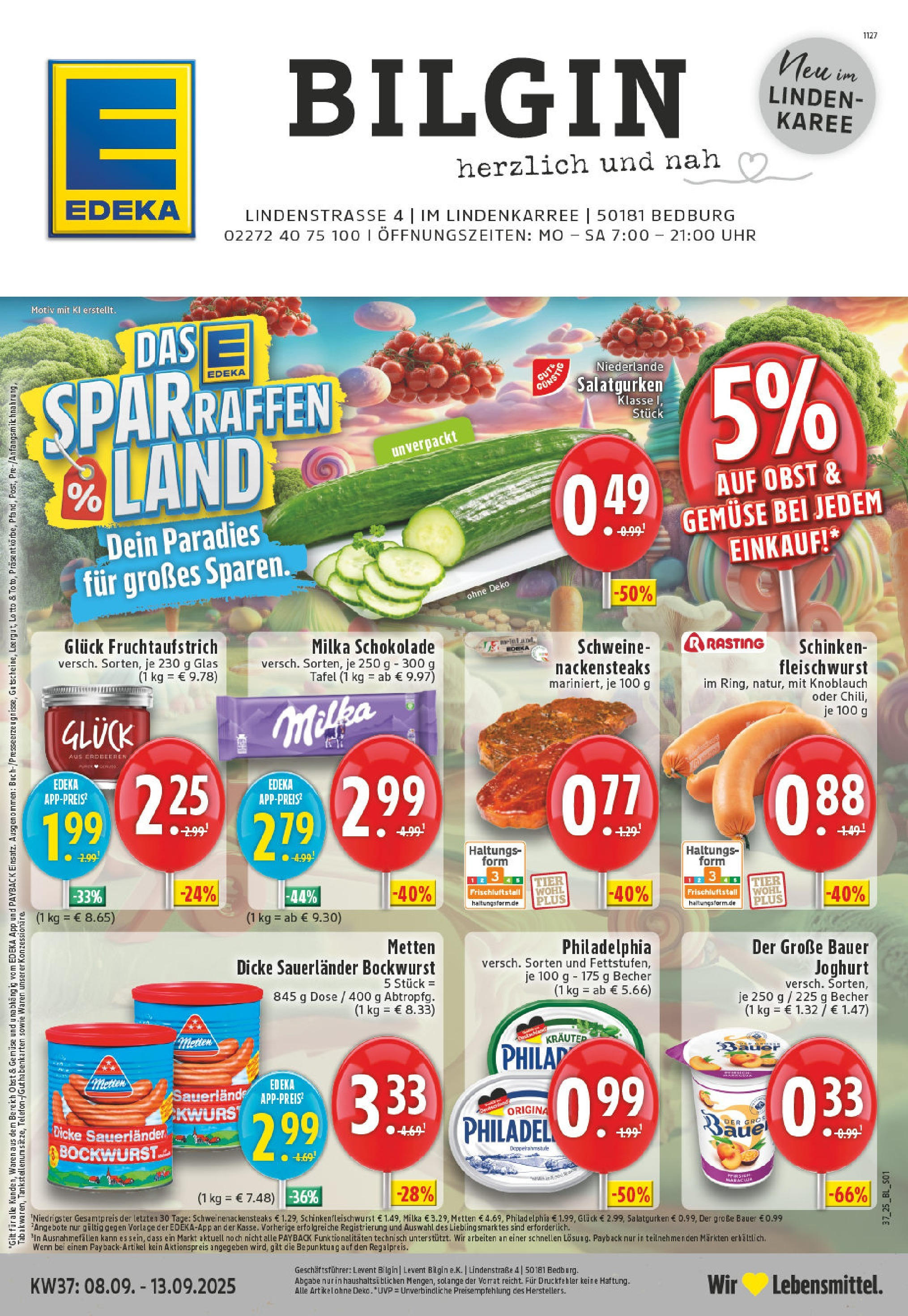 Edeka prospekt Bedburg (ab 07.09.2025) » Angebote Online | Seite: 1 | Produkte: Milka schokolade, Bauer joghurt, Milka, Gemüse Edeka prospekt Bedburg (ab 07.09.2025) » Angebote Online | Seite: 1 | Produkte: Milka schokolade, Bauer joghurt, Milka, Gemüse