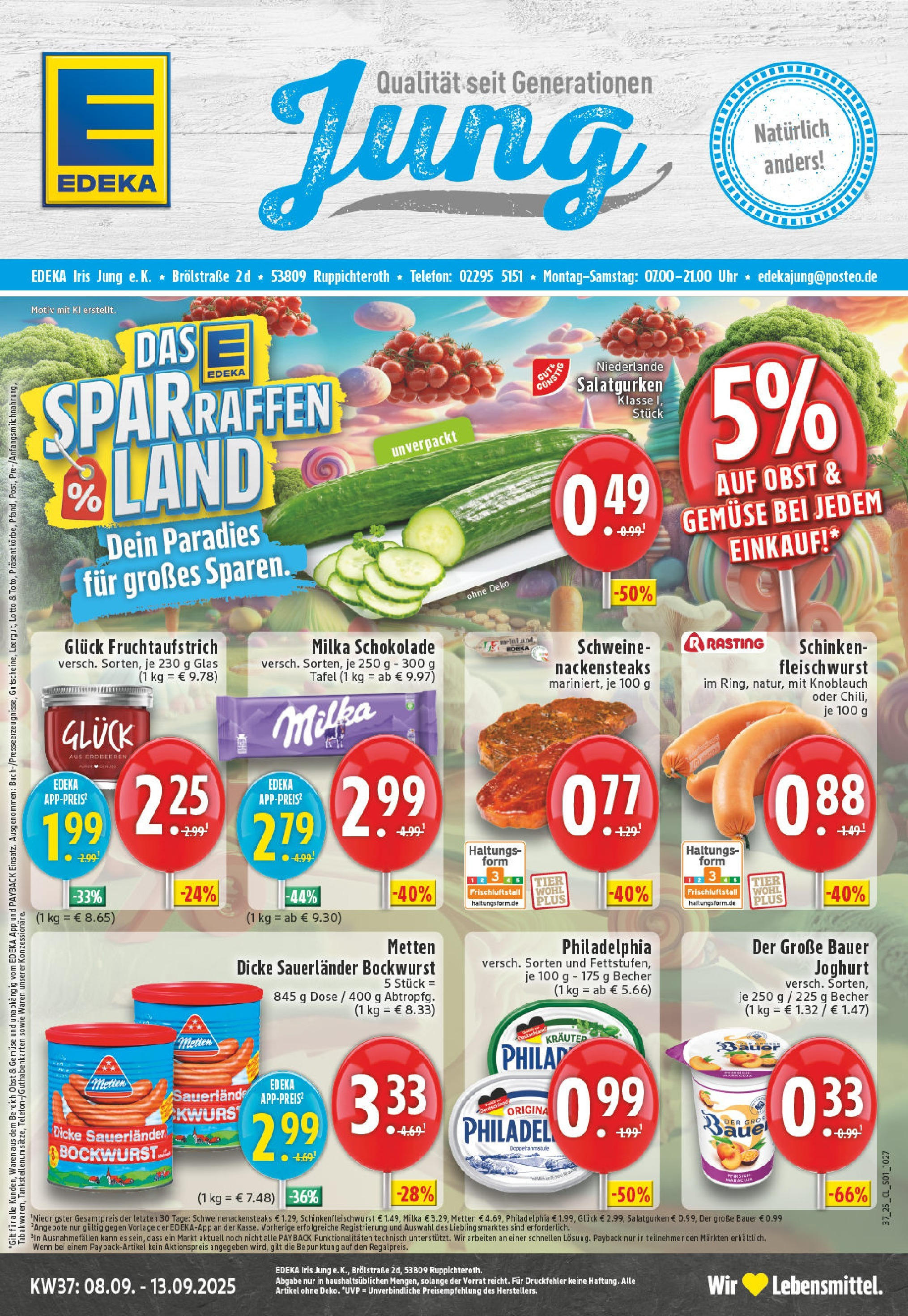 Edeka prospekt Ruppichteroth	 (ab 07.09.2025) » Angebote Online | Seite: 1 | Produkte: Bockwurst, Bauer joghurt, Gemüse, Uhr