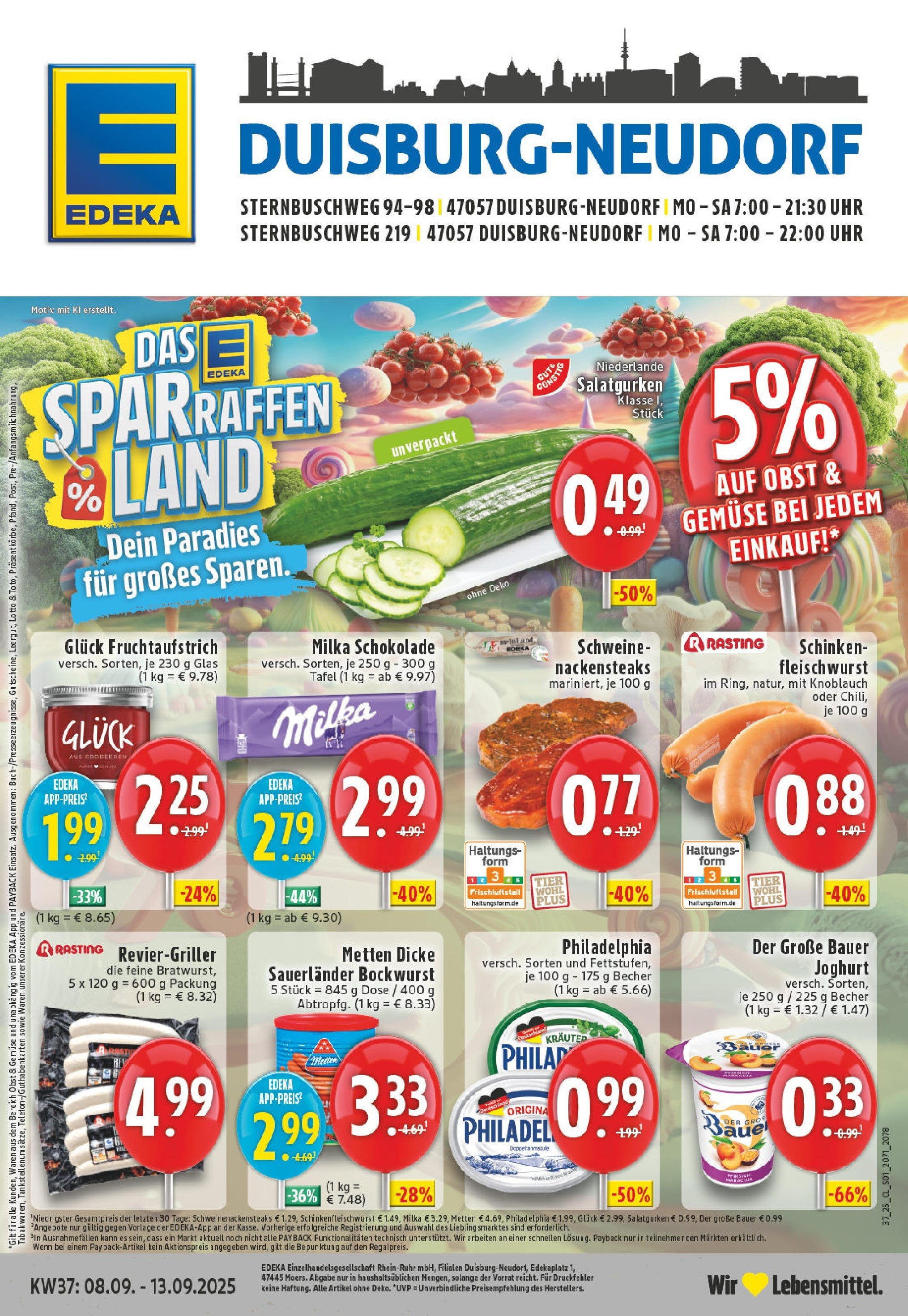 Edeka prospekt Duisburg (ab 07.09.2025) » Angebote Online | Seite: 1 | Produkte: Bockwurst, Schokolade, Bauer joghurt, Uhr Edeka prospekt Duisburg (ab 07.09.2025) » Angebote Online | Seite: 1 | Produkte: Bockwurst, Schokolade, Bauer joghurt, Uhr