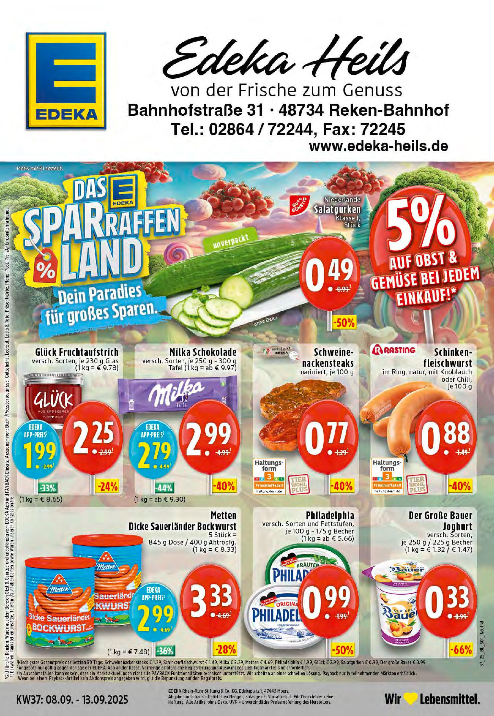 Edeka prospekt Reken-Bahnhof (ab 07.09.2025) » Angebote Online | Seite: 1 | Produkte: Bockwurst, Nackensteaks, Milka schokolade, Knoblauch Edeka prospekt Reken-Bahnhof (ab 07.09.2025) » Angebote Online | Seite: 1 | Produkte: Bockwurst, Nackensteaks, Milka schokolade, Knoblauch