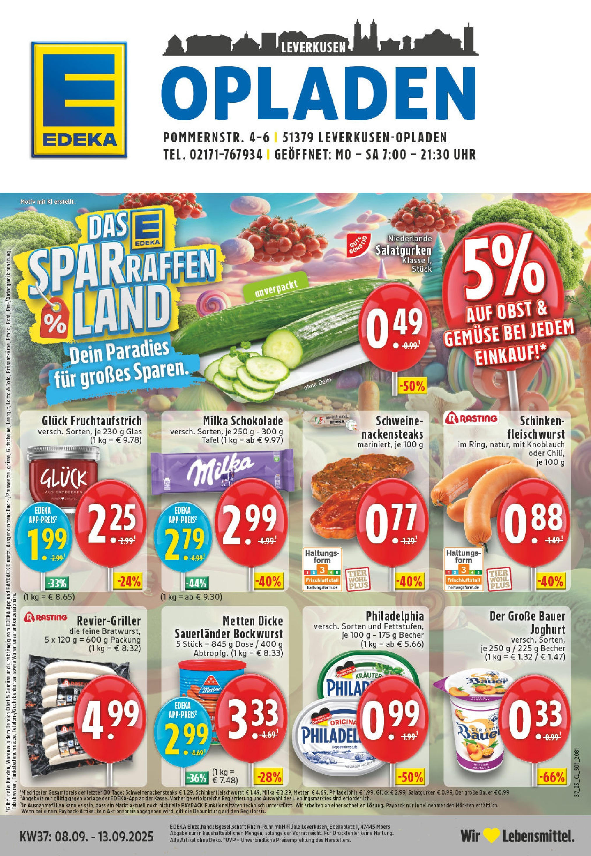 Edeka prospekt Leverkusen (ab 07.09.2025) » Angebote Online | Seite: 1 | Produkte: Bockwurst, Schokolade, Milka, Erdbeeren Edeka prospekt Leverkusen (ab 07.09.2025) » Angebote Online | Seite: 1 | Produkte: Bockwurst, Schokolade, Milka, Erdbeeren
