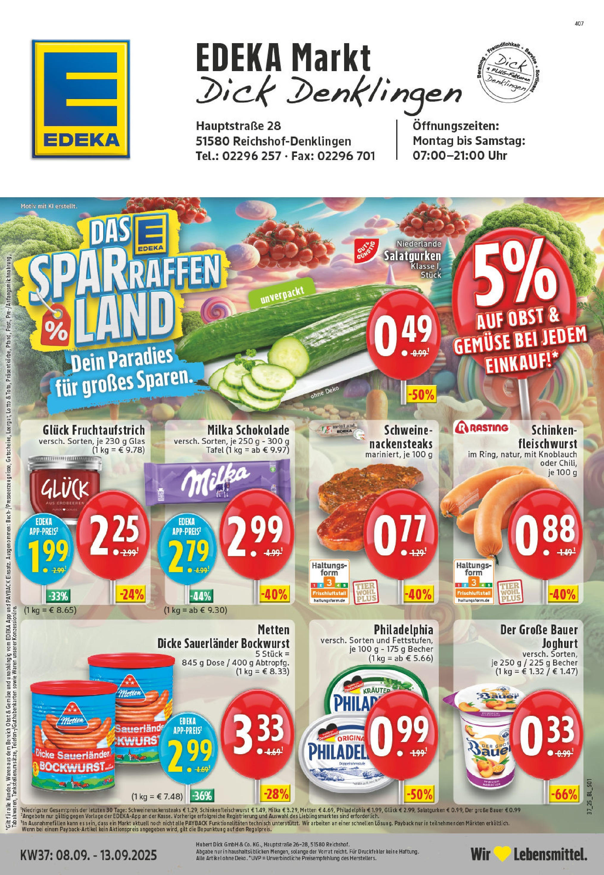 Edeka prospekt Reichshof - Denklingen	 (ab 07.09.2025) » Angebote Online | Seite: 1 | Produkte: Bockwurst, Joghurt, Bauer joghurt, Erdbeeren
