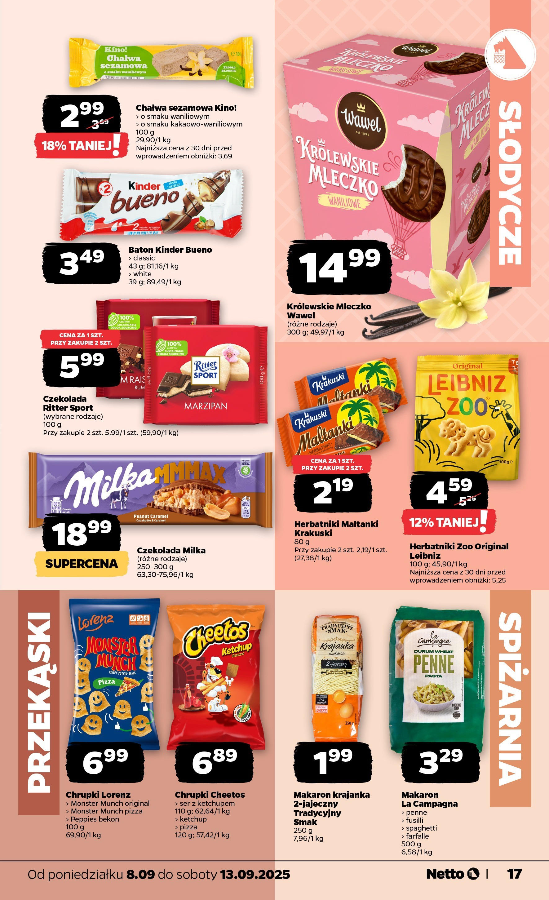 Netto - NETTO T37A ważne do 13.09 od 07.09.2025 | Promocje | Strona: 17 | Produkty: Makaron durum, Baton, Ser, Czekolada Netto - NETTO T37A ważne do 13.09 od 07.09.2025 - Aktualne promocje | Strona: 17 | Produkty: Makaron durum, Baton, Ser, Czekolada