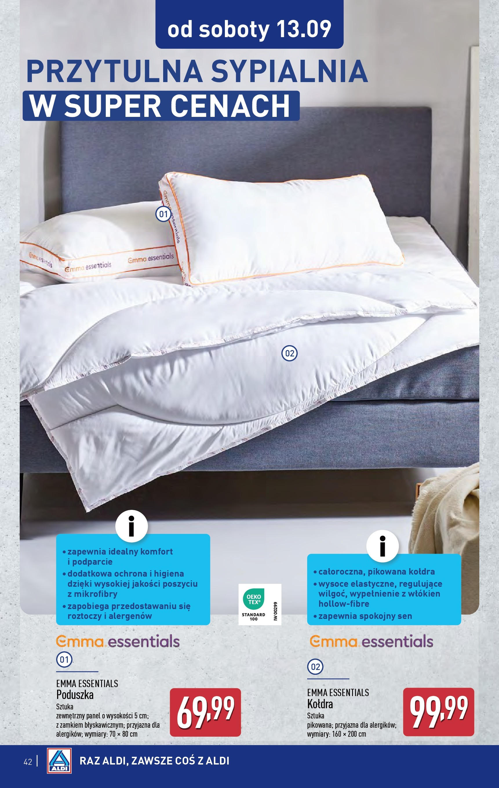 Aldi - Super ceny w ALDI do 13.09 od 07.09.2025 | Nowa PDF gazetka | Strona: 42 | Produkty: Poduszka, Kołdra Aldi - Super ceny w ALDI do 13.09 od 07.09.2025 - Ulotka PDF, promocje | Strona: 42 | Produkty: Poduszka, Kołdra