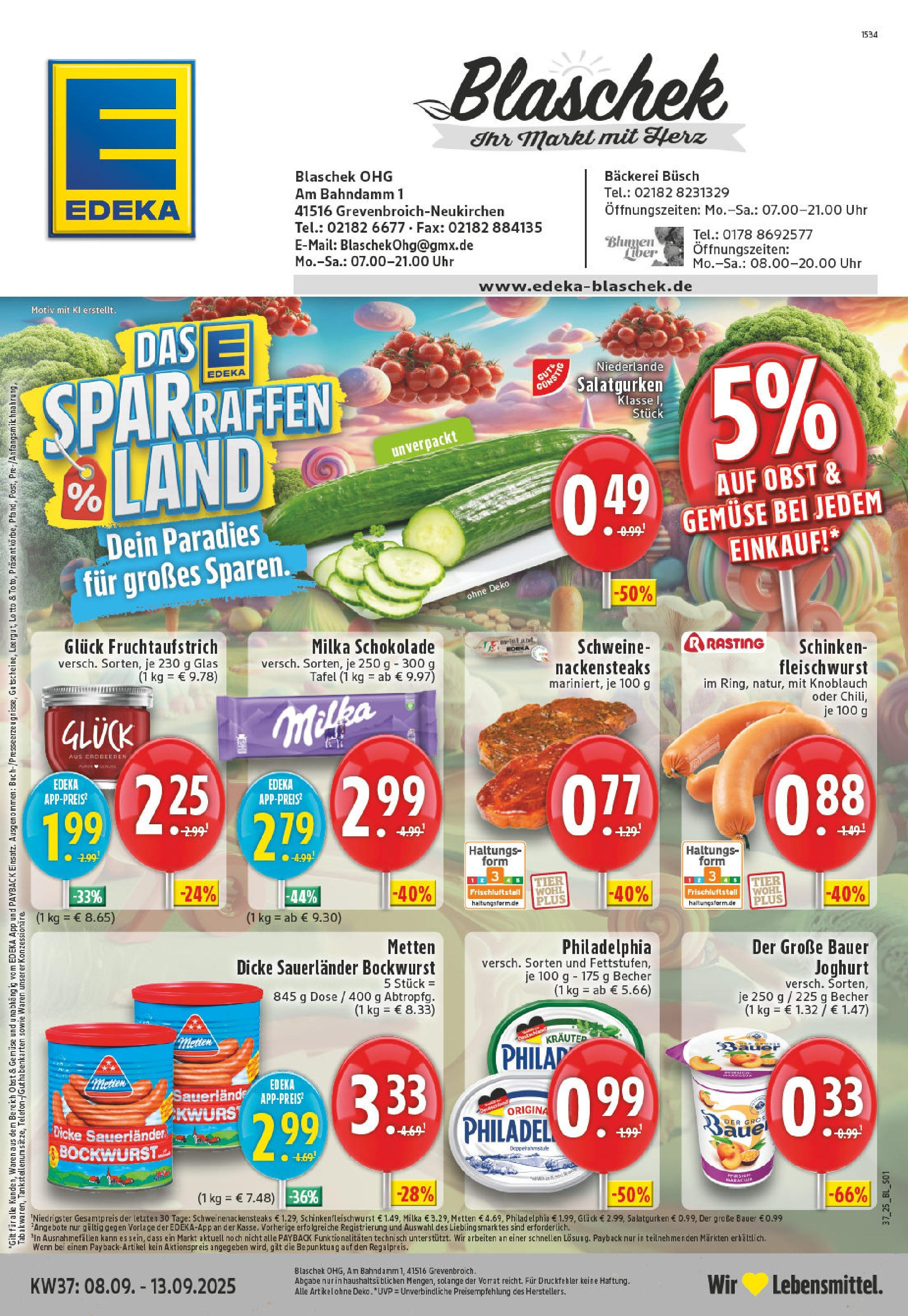 Edeka prospekt Grevenbroich (ab 07.09.2025) » Angebote Online | Seite: 1 | Produkte: Bockwurst, Bauer joghurt, Obst, Uhr Edeka prospekt Grevenbroich (ab 07.09.2025) » Angebote Online | Seite: 1 | Produkte: Bockwurst, Bauer joghurt, Obst, Uhr