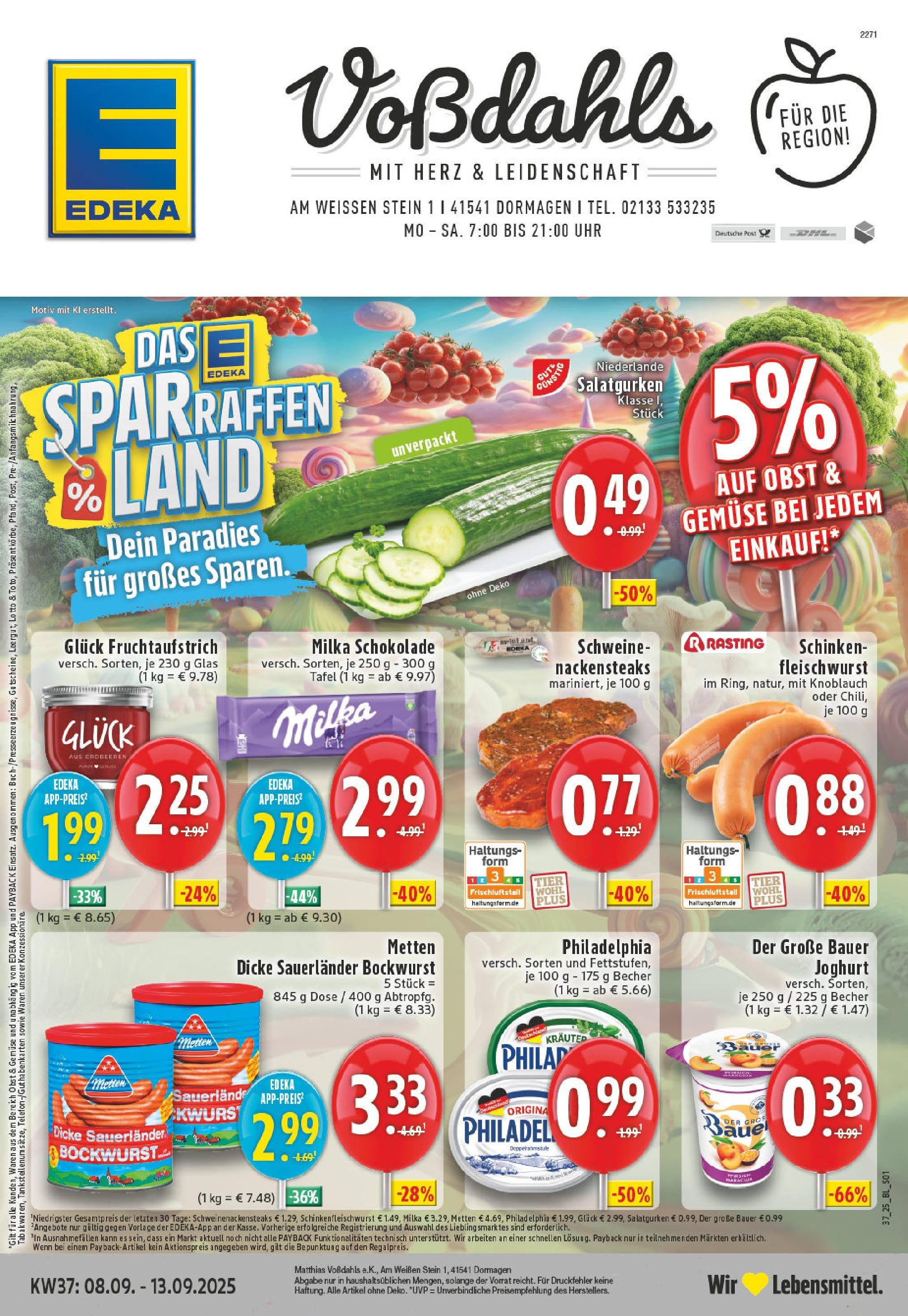 Edeka prospekt Dormagen (ab 07.09.2025) » Angebote Online | Seite: 1 | Produkte: Nackensteaks, Dicke sauerlander bockwurst, Knoblauch, Uhr Edeka prospekt Dormagen (ab 07.09.2025) » Angebote Online | Seite: 1 | Produkte: Nackensteaks, Dicke sauerlander bockwurst, Knoblauch, Uhr