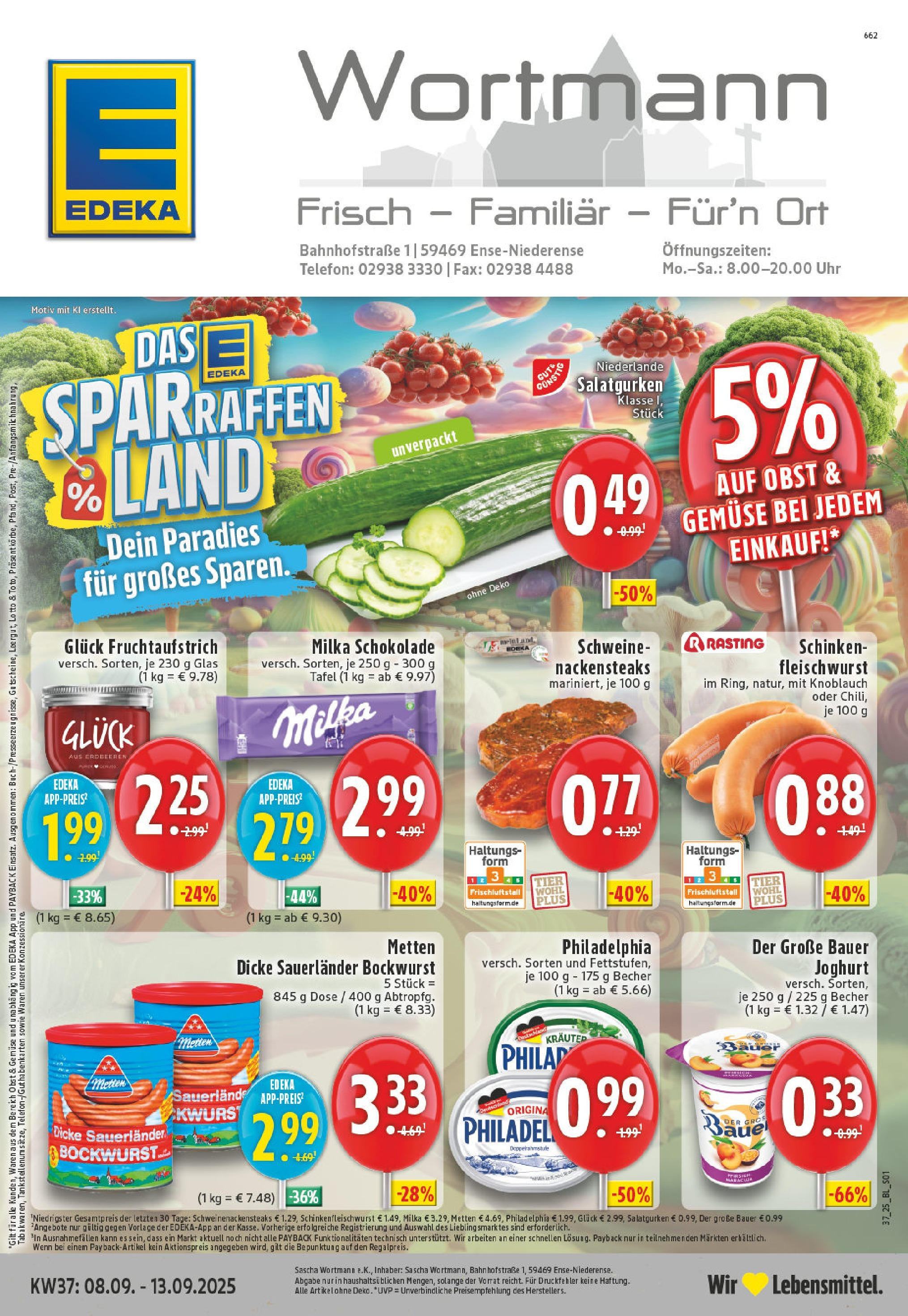 Edeka prospekt Ense-Niederense (ab 07.09.2025) » Angebote Online | Seite: 1 | Produkte: Dicke sauerlander bockwurst, Philadelphia, Obst, Knoblauch Edeka prospekt Ense-Niederense (ab 07.09.2025) » Angebote Online | Seite: 1 | Produkte: Dicke sauerlander bockwurst, Philadelphia, Obst, Knoblauch