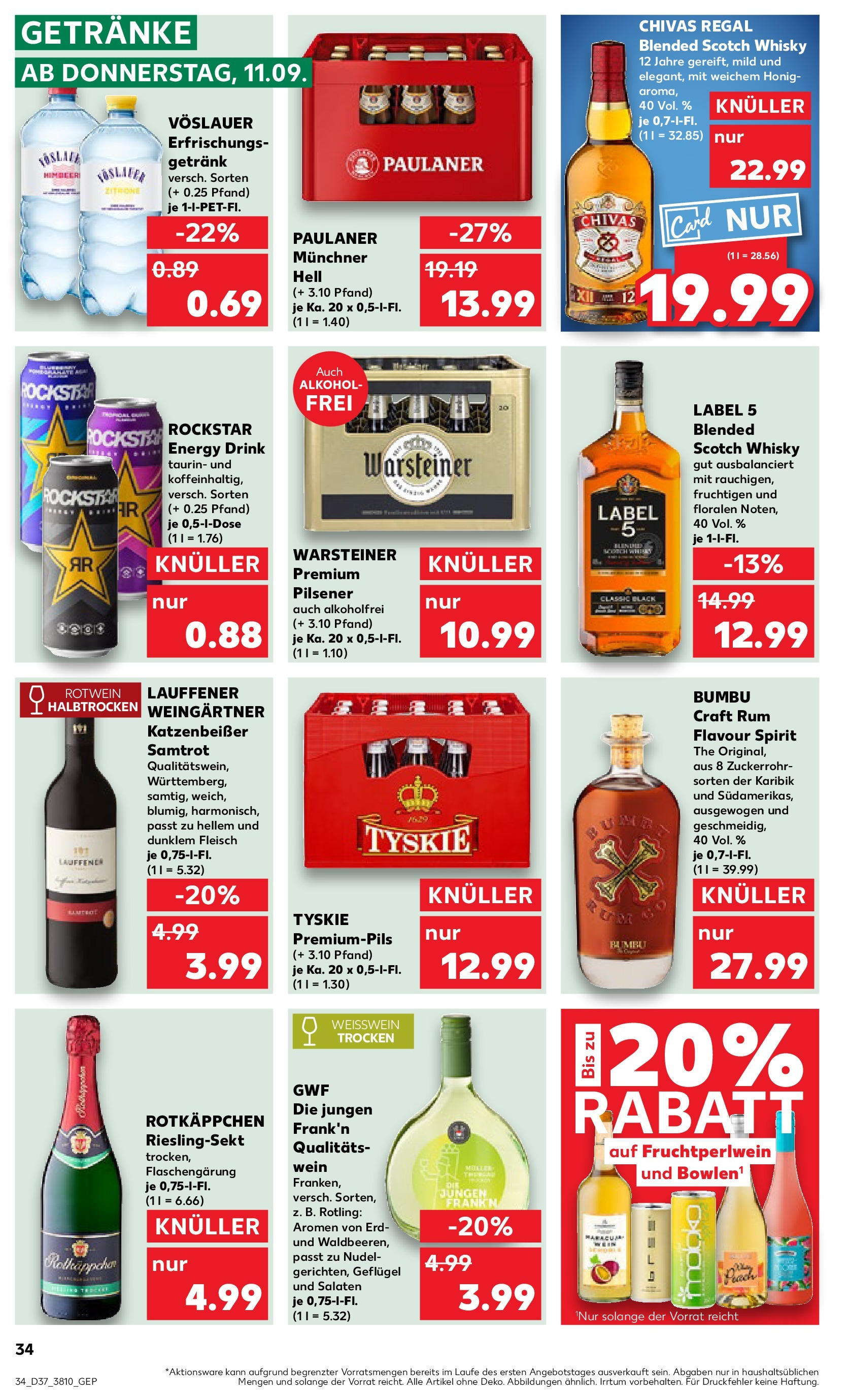 Prospekt Kaufland ab 10.09.2025 » Angebote Online zum Blättern | Seite: 34 | Produkte: Whisky, Warsteiner, Rotkäppchen, Paulaner