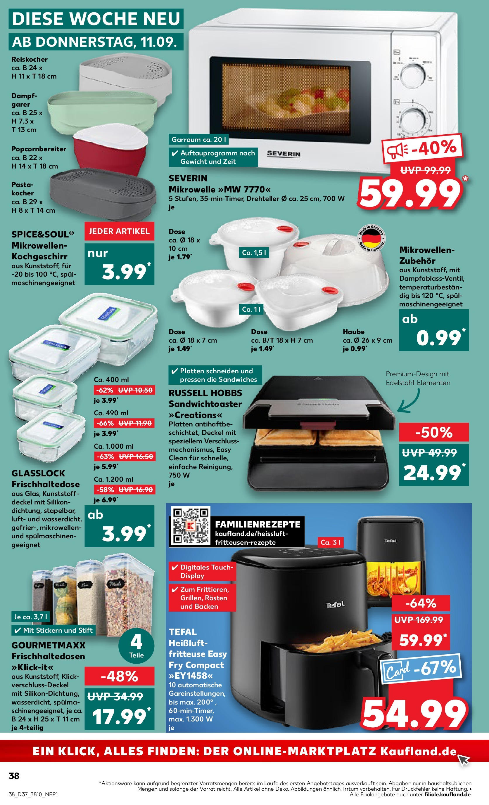 Prospekt Kaufland ab 10.09.2025 » Angebote Online zum Blättern | Seite: 38 | Produkte: Mikrowelle, Pasta, Fritteuse, Heißluftfritteuse