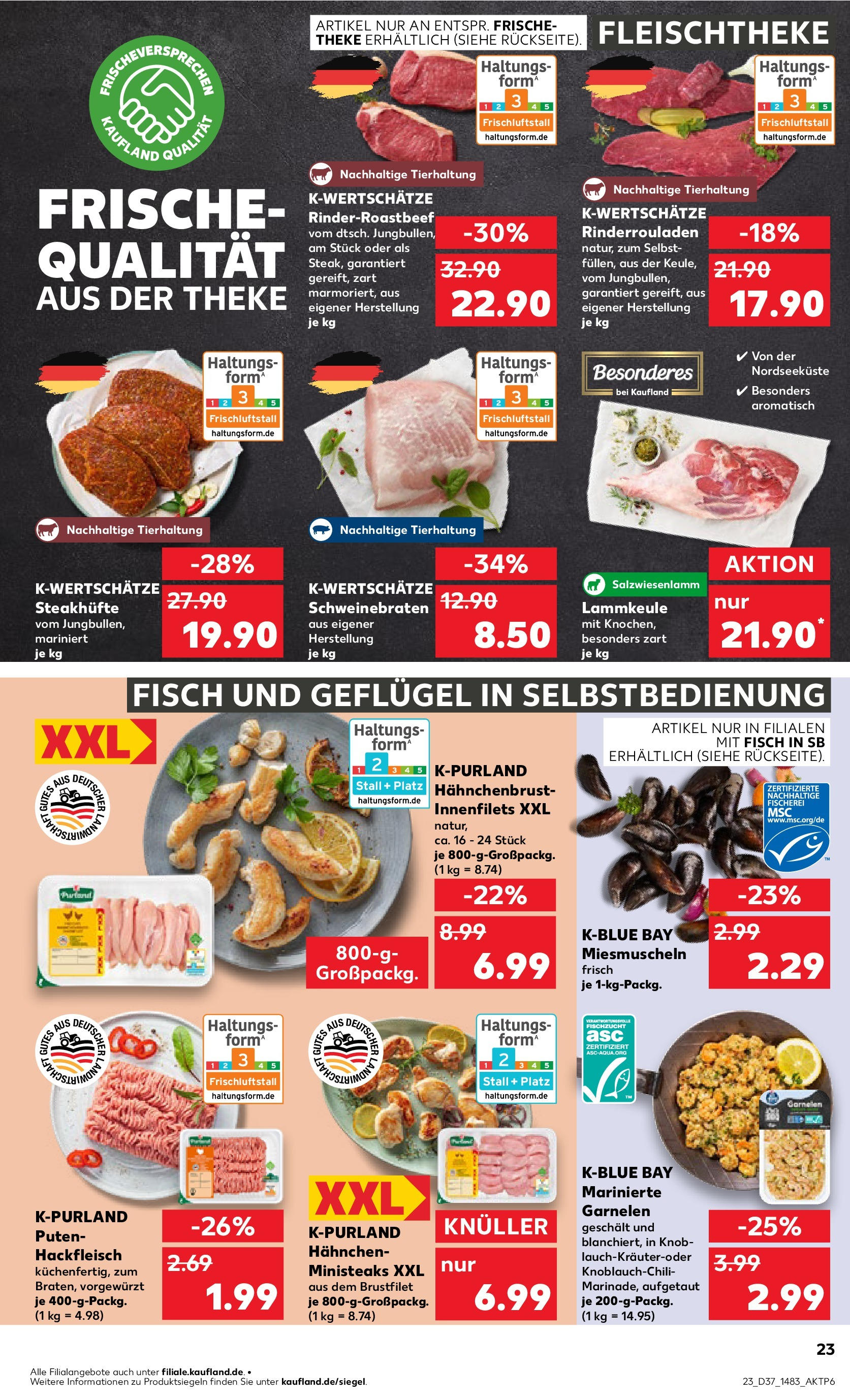 Prospekt Kaufland ab 10.09.2025 » Angebote und Werbung Online | Seite: 23 | Produkte: Rinderrouladen, Hahnchen, Fisch, Hackfleisch Prospekt Kaufland ab 10.09.2025 » Angebote Online zum Blättern | Seite: 23 | Produkte: Rinderrouladen, Hahnchen, Fisch, Hackfleisch