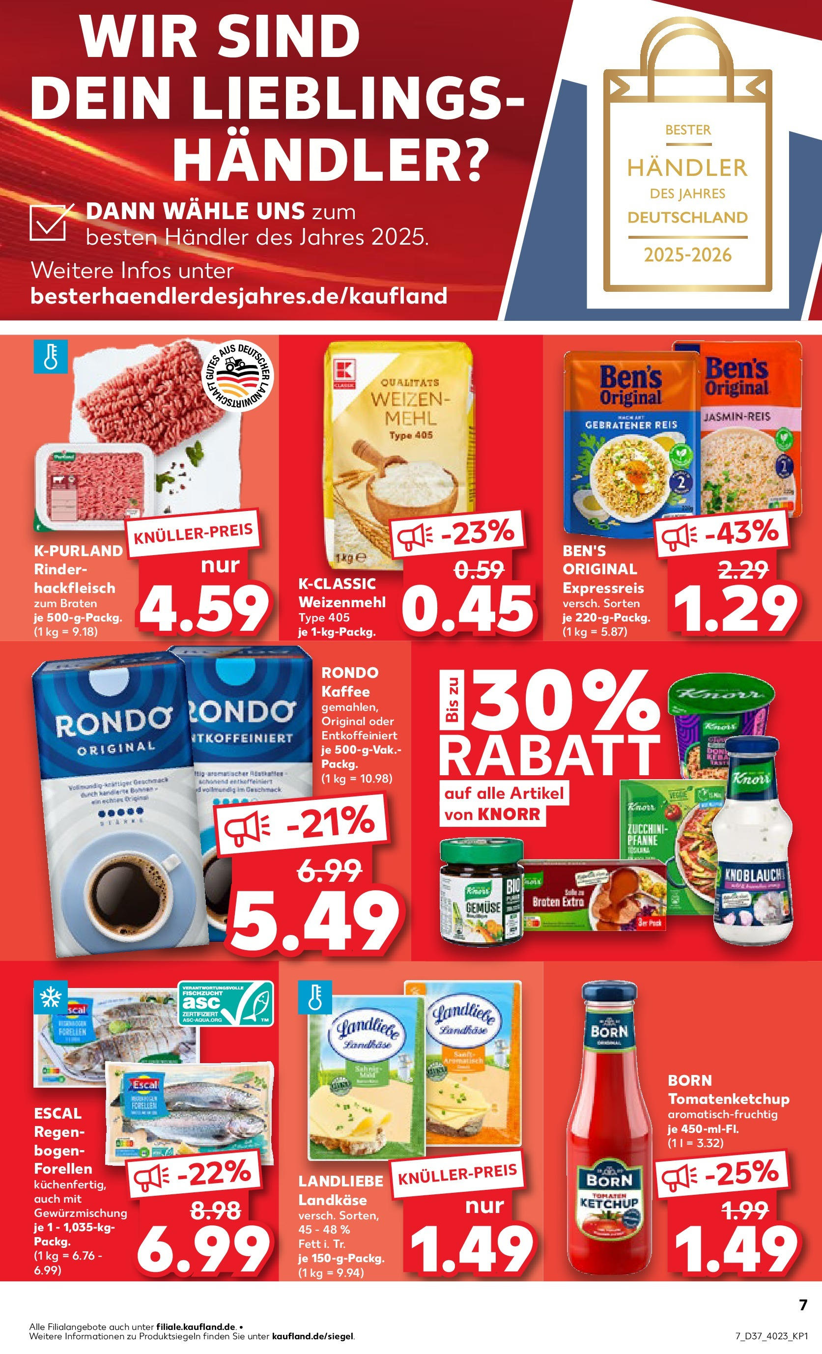 Prospekt Kaufland ab 10.09.2025 » Angebote Online zum Blättern | Seite: 7 | Produkte: Mehl, Jasminreis, Ketchup, Hackfleisch