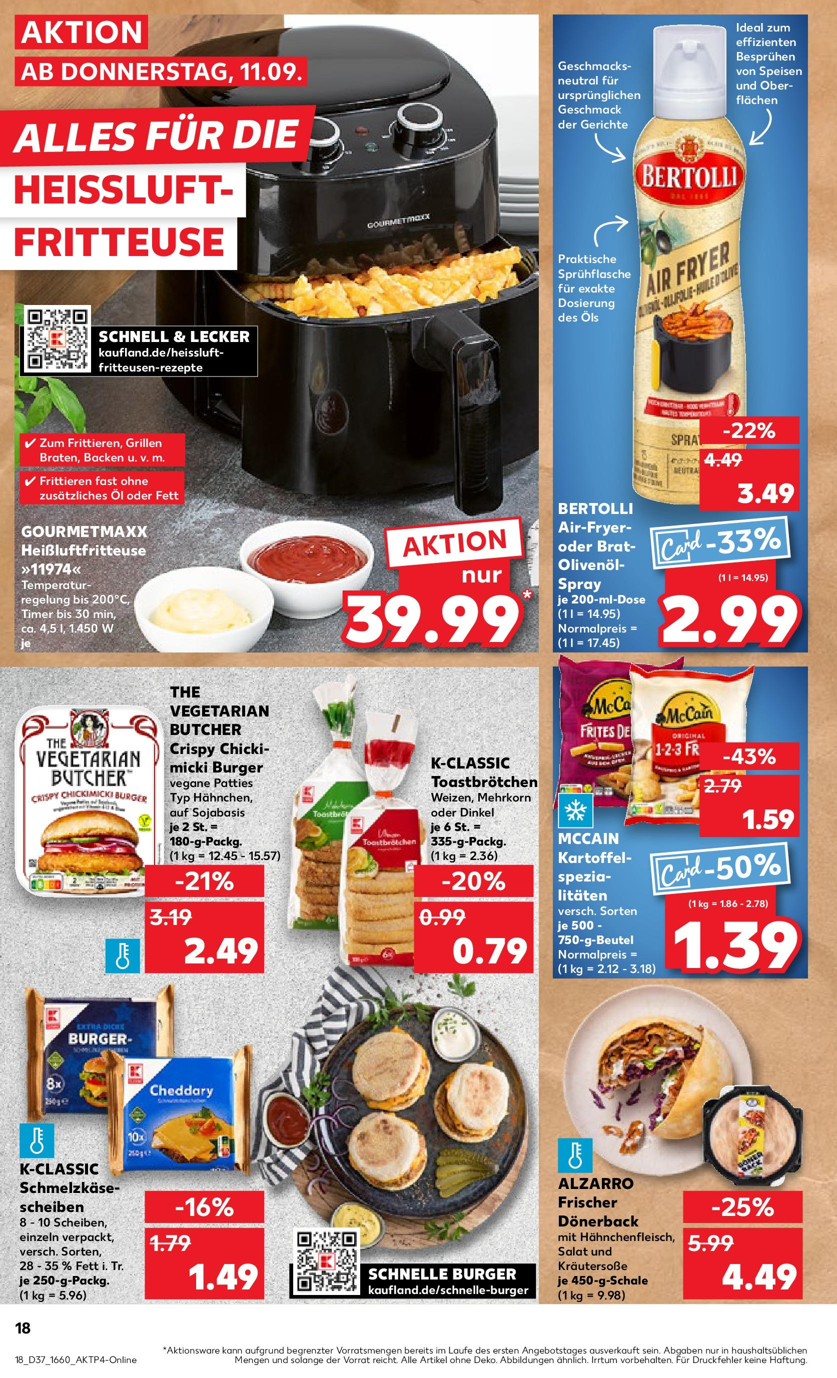 Prospekt Kaufland ab 10.09.2025 » Angebote Online zum Blättern | Seite: 18 | Produkte: Olivenol, Burger, Heißluftfritteuse, Salat