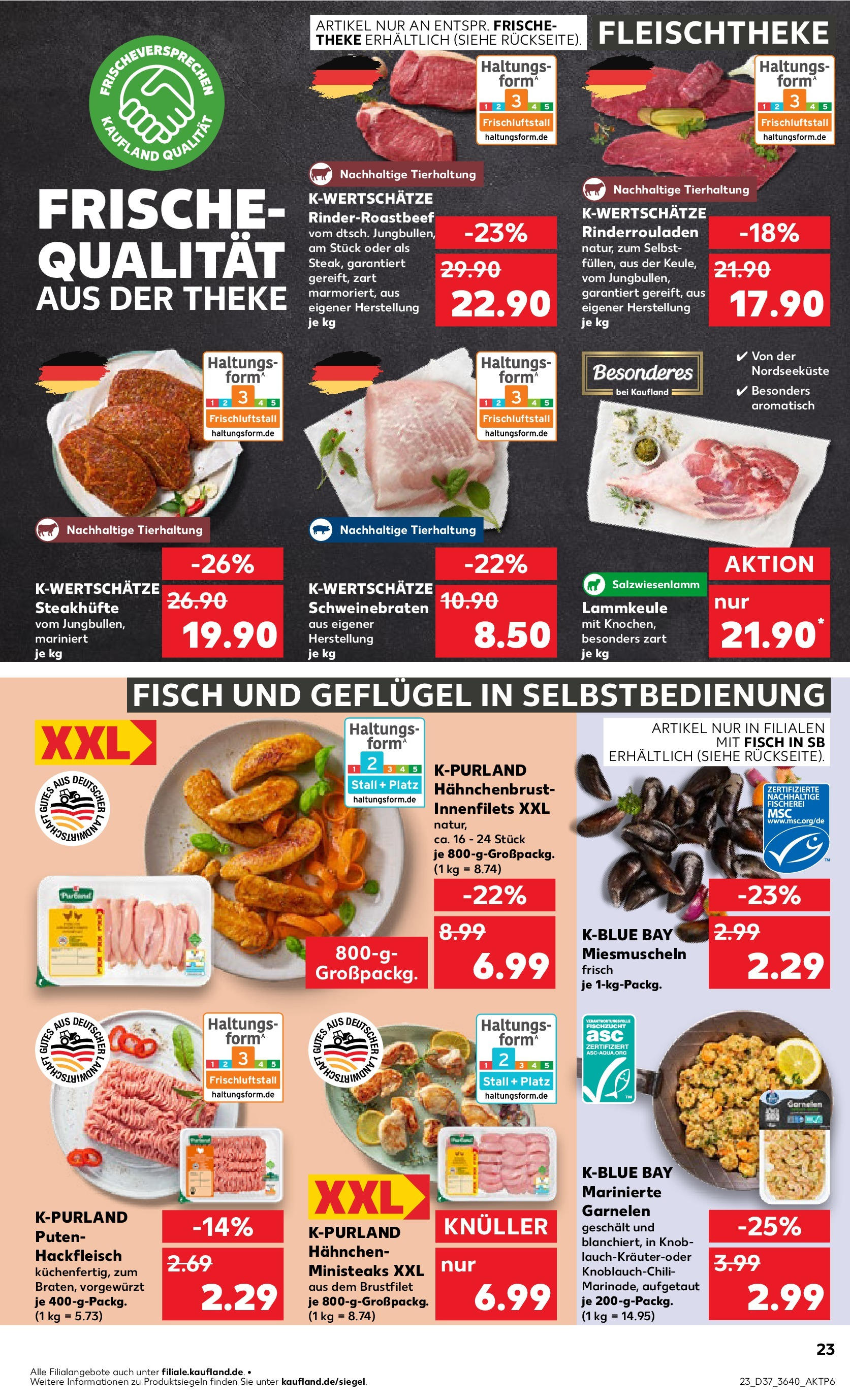Prospekt Kaufland ab 11.09.2025 » Angebote Online zum Blättern | Seite: 23 | Produkte: Rinderrouladen, Lammkeule, Hahnchen, Steak