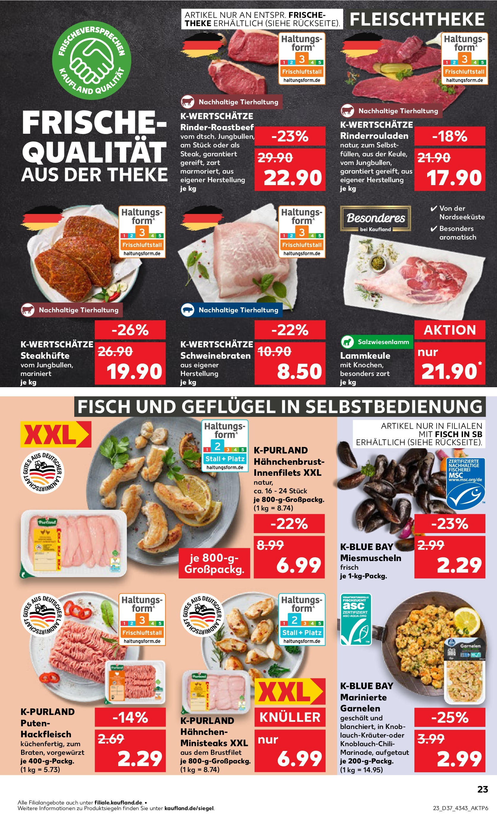 Prospekt Kaufland ab 11.09.2025 » Angebote Online zum Blättern | Seite: 23 | Produkte: Lammkeule, Fisch, Steak, Hahnchenbrust