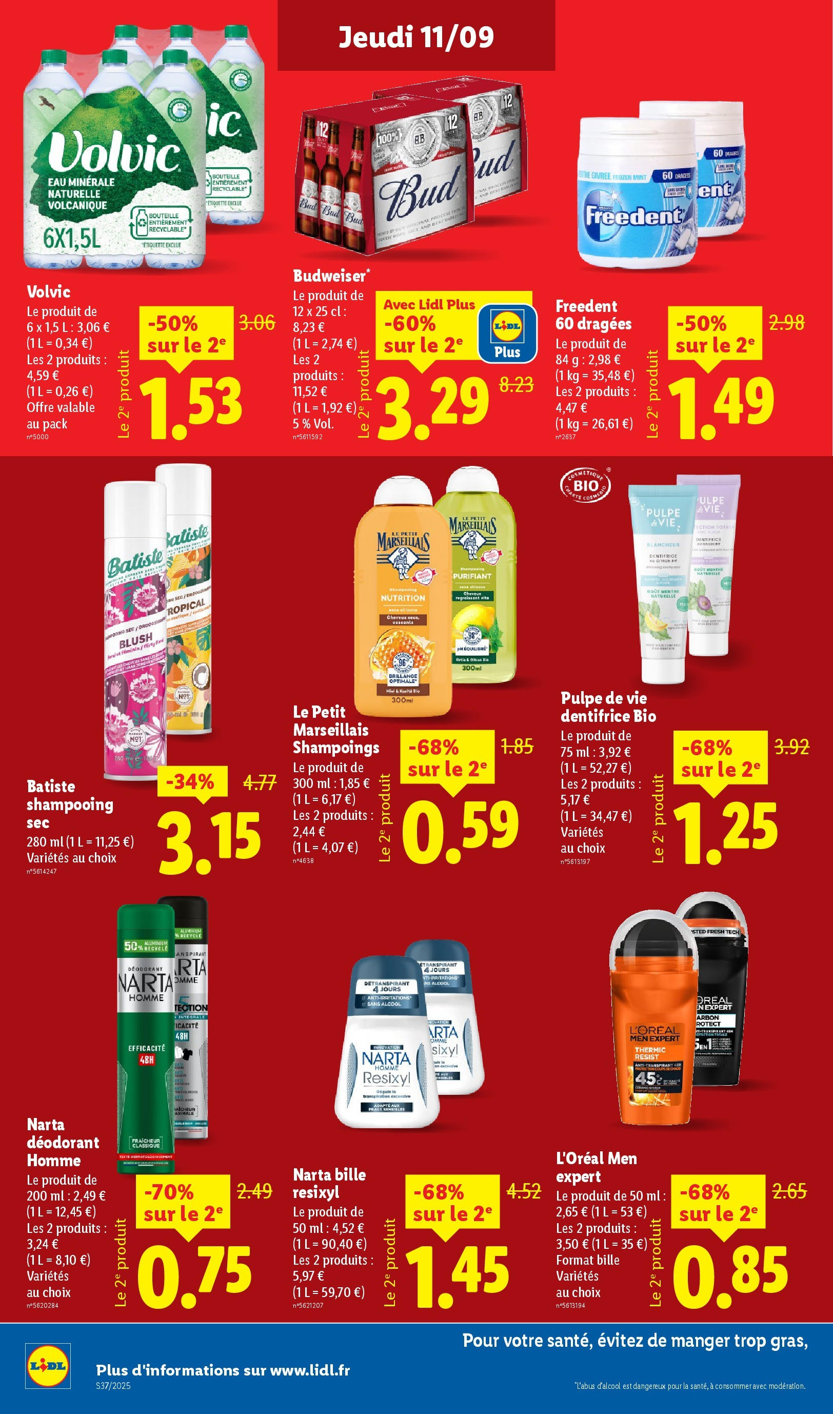 Catalogue LIDL du 11/09/2025 | Promo prospectus en ligne | Page: 14 | Produits: Volvic, Alcool, Shampooing, Déodorant Catalogue LIDL du 11/09/2025 | Promo prospectus en ligne | Page: 14 | Produits: Volvic, Alcool, Shampooing, Déodorant