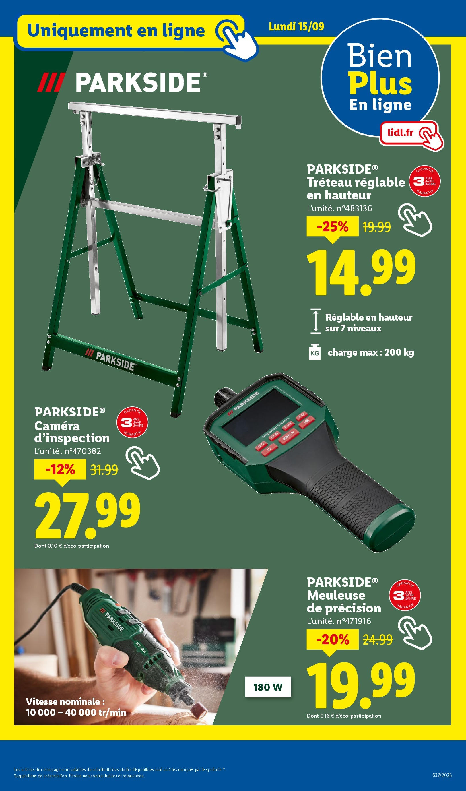 Catalogue LIDL du 11/09/2025 | Promo prospectus en ligne | Page: 53 | Produits: Meuleuse, Tréteau, Tréteau réglable, Caméra Catalogue LIDL du 11/09/2025 | Promo prospectus en ligne | Page: 53 | Produits: Meuleuse, Tréteau, Tréteau réglable, Caméra